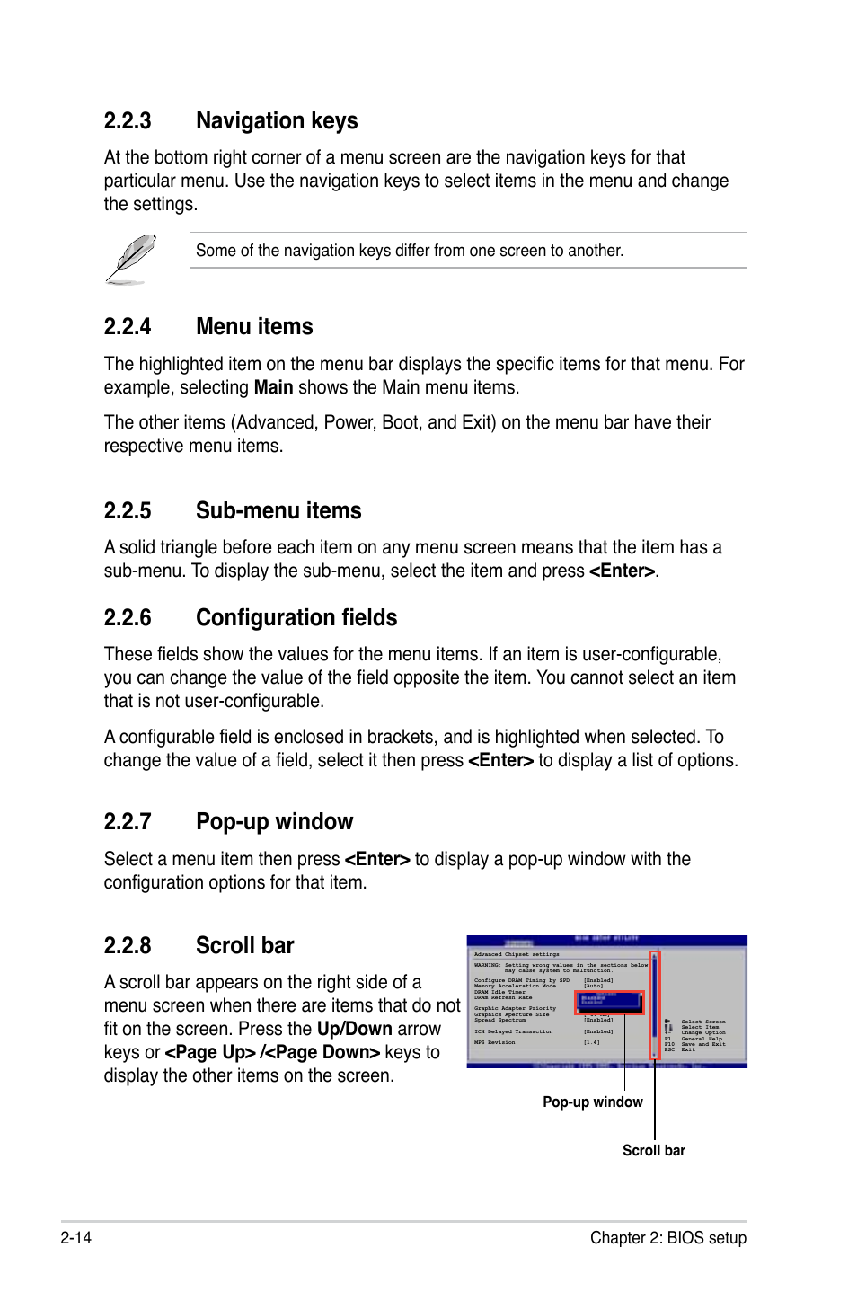 3 navigation keys, 4 menu items, 5 sub-menu items | 6 configuration fields, 7 pop-up window, 8 scroll bar, Navigation keys -14, Menu items -14, Sub-menu items -14, Configuration fields -14 | Asus M3N78-AM User Manual | Page 60 / 102