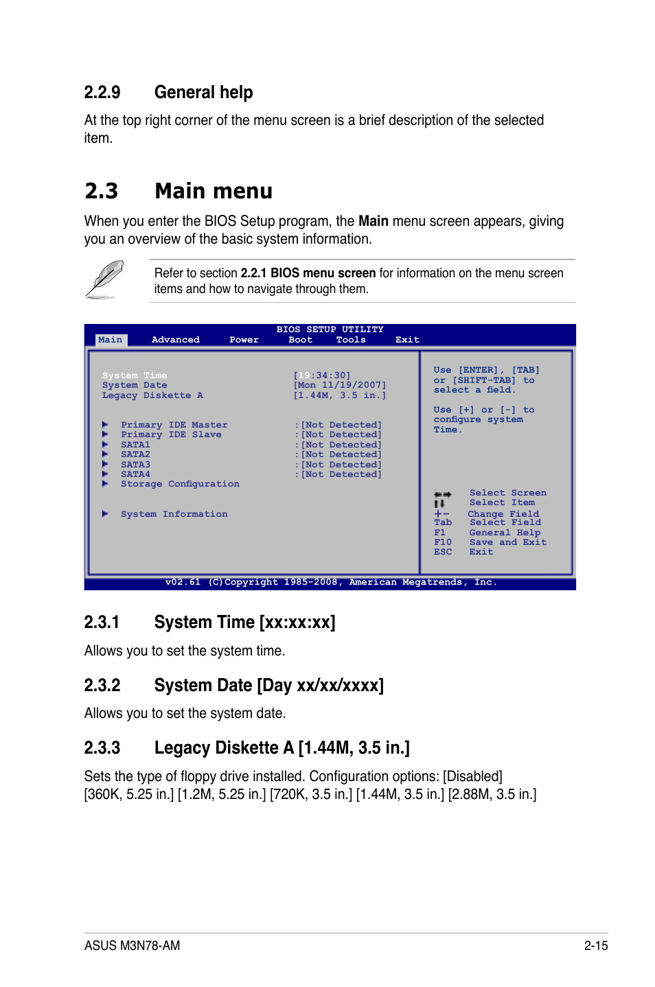 9 general help, 3 main menu, 1 system time | 2 system date, 3 legacy diskette a, General help -15, Main menu -15 2.3.1, System time -15, System date -15, Legacy diskette a -15 | Asus M3N78-AM User Manual | Page 61 / 102