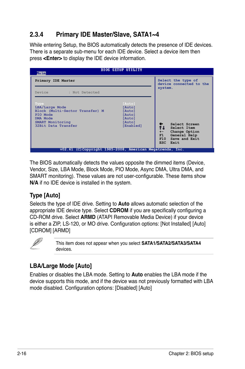 4 primary ide master/slave, sata1~4, Primary ide master/slave, sata1~4 -16, Type [auto | Lba/large mode [auto | Asus M3N78-AM User Manual | Page 62 / 102