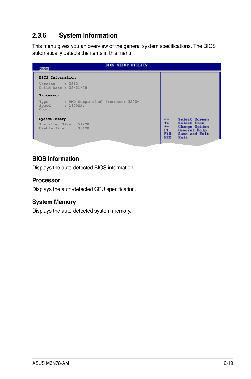 6 system information, System information -19, Bios information | Processor | Asus M3N78-AM User Manual | Page 65 / 102