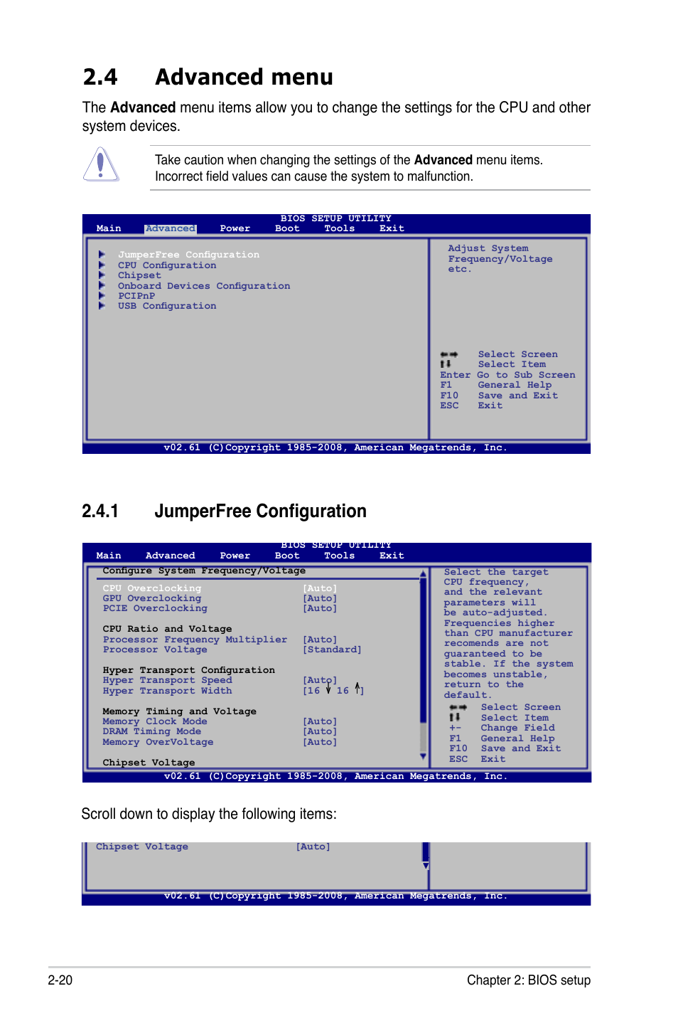 4 advanced menu, 1 jumperfree configuration, Advanced menu -20 2.4.1 | Jumperfree configuration -20, Scroll down to display the following items, 20 chapter 2: bios setup | Asus M3N78-AM User Manual | Page 66 / 102