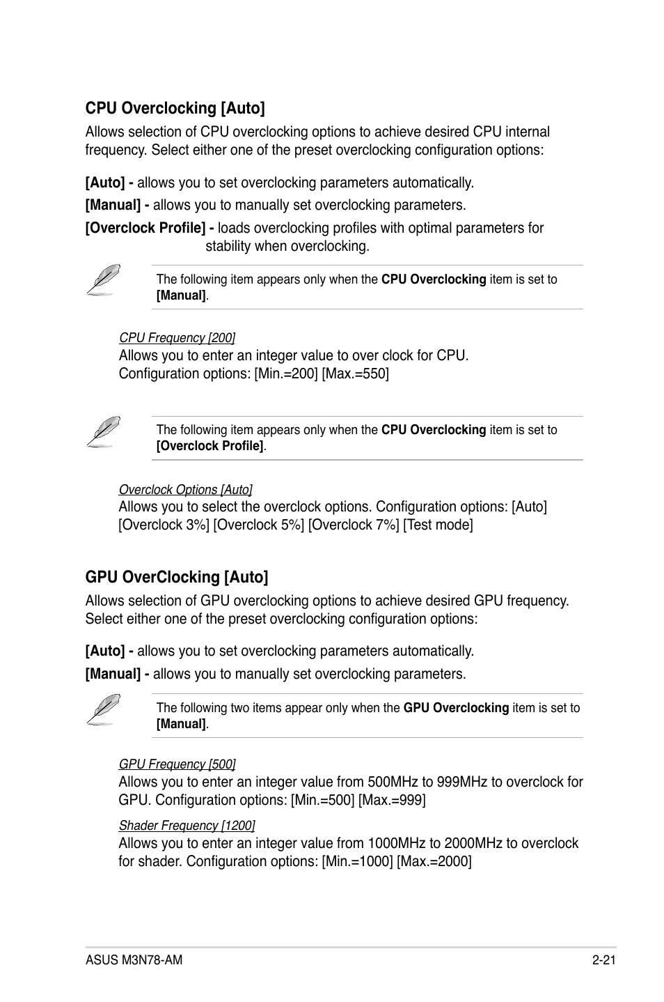 Cpu overclocking [auto, Gpu overclocking [auto | Asus M3N78-AM User Manual | Page 67 / 102