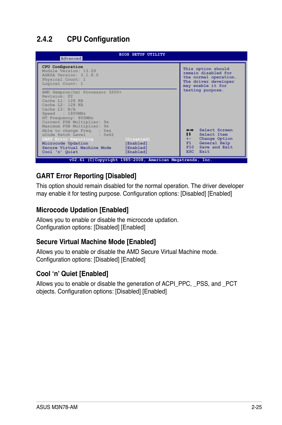 2 cpu configuration, Cpu configuration -25, Gart error reporting [disabled | Microcode updation [enabled, Secure virtual machine mode [enabled, Cool ‘n’ quiet [enabled | Asus M3N78-AM User Manual | Page 71 / 102