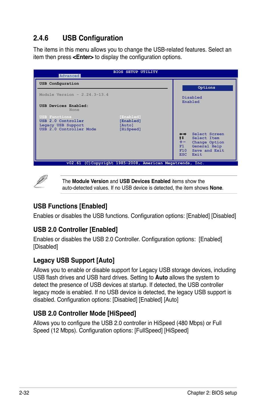 6 usb configuration, Usb configuration -32, Usb functions [enabled | Usb 2.0 controller [enabled, Legacy usb support [auto, Usb 2.0 controller mode [hispeed | Asus M3N78-AM User Manual | Page 78 / 102