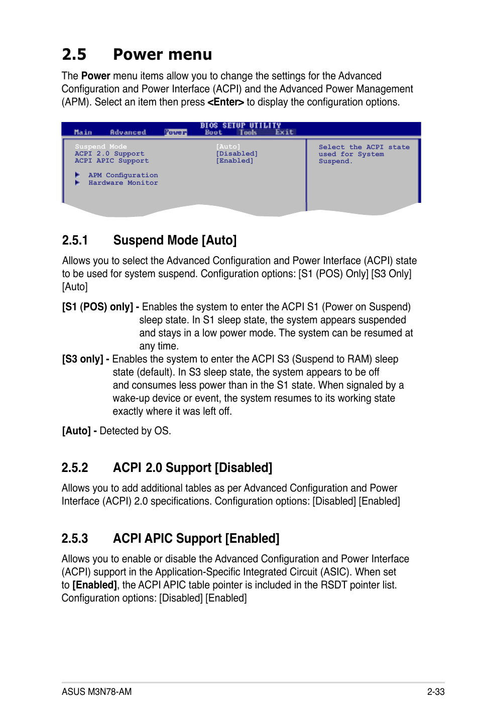 5 power menu, 1 suspend mode, 2 acpi 2.0 support | 3 acpi apic support, Power menu -33 2.5.1, Suspend mode -33, Acpi, 0 support -33, Acpi apic support -33, 1 suspend mode [auto | Asus M3N78-AM User Manual | Page 79 / 102