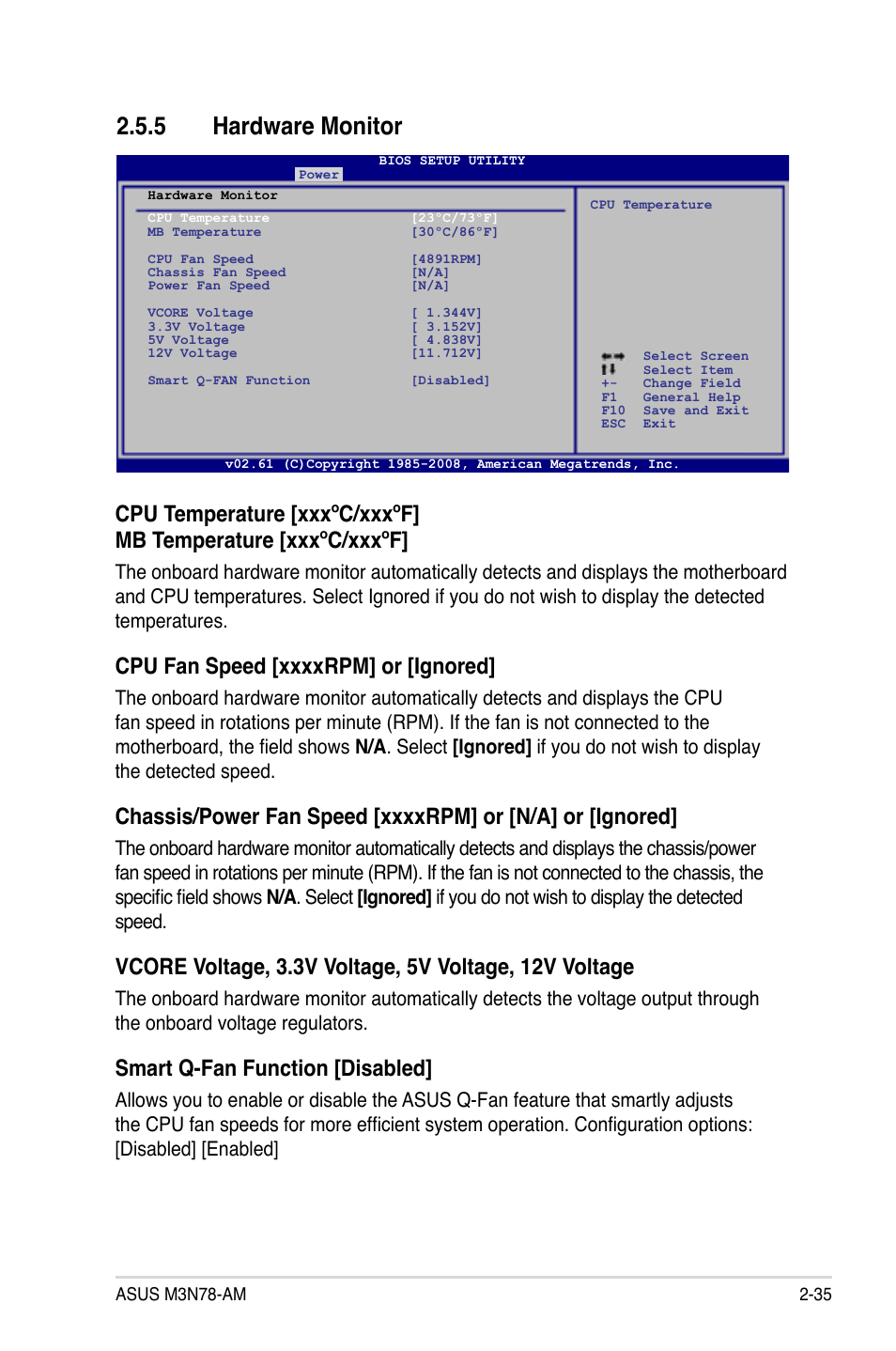 5 hardware monitor, Hardware monitor -35, Smart q-fan function [disabled | Asus M3N78-AM User Manual | Page 81 / 102