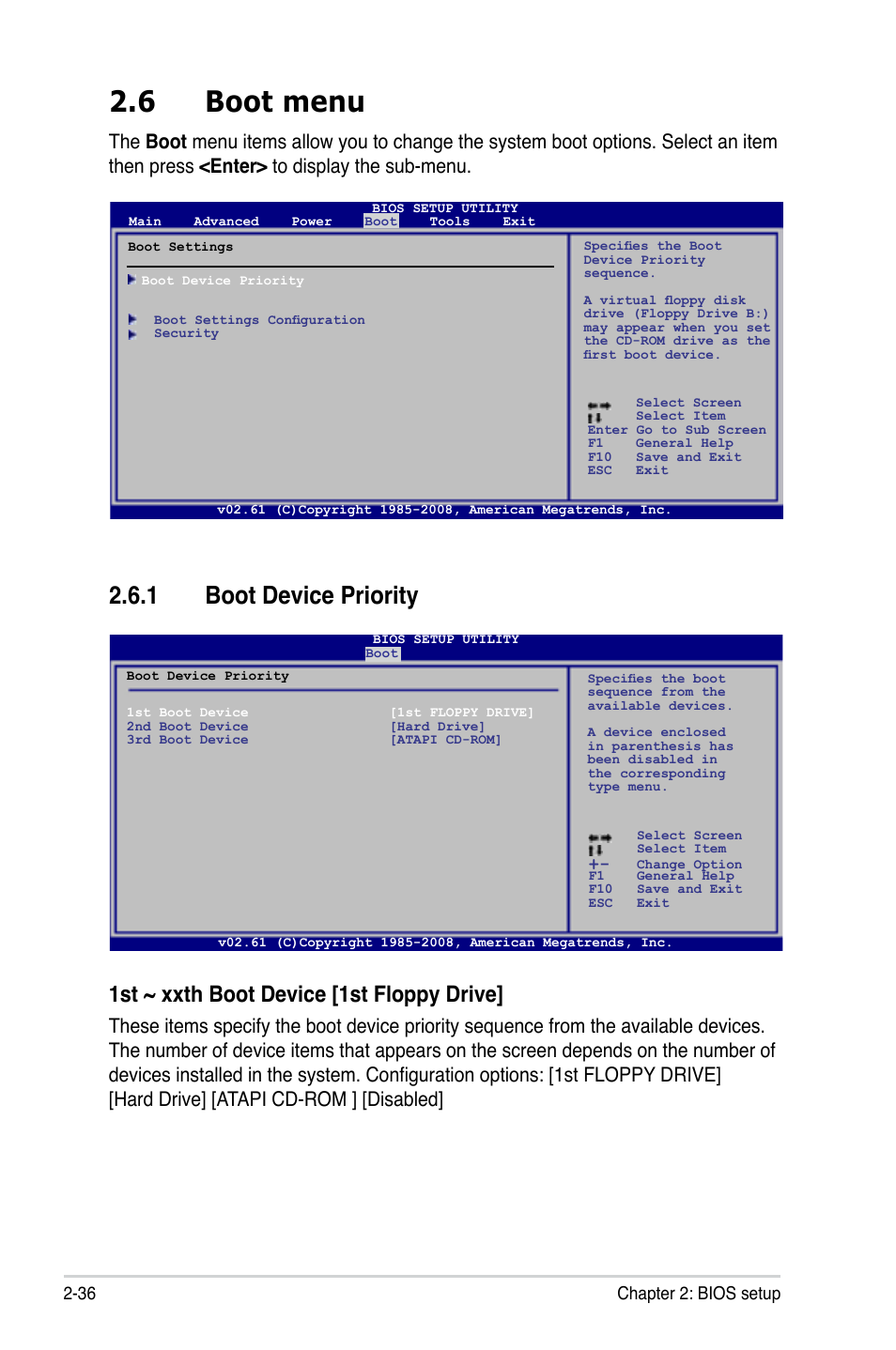 6 boot menu, 1 boot device priority, Boot menu -36 2.6.1 | Boot device priority -36, 1st ~ xxth boot device [1st floppy drive | Asus M3N78-AM User Manual | Page 82 / 102