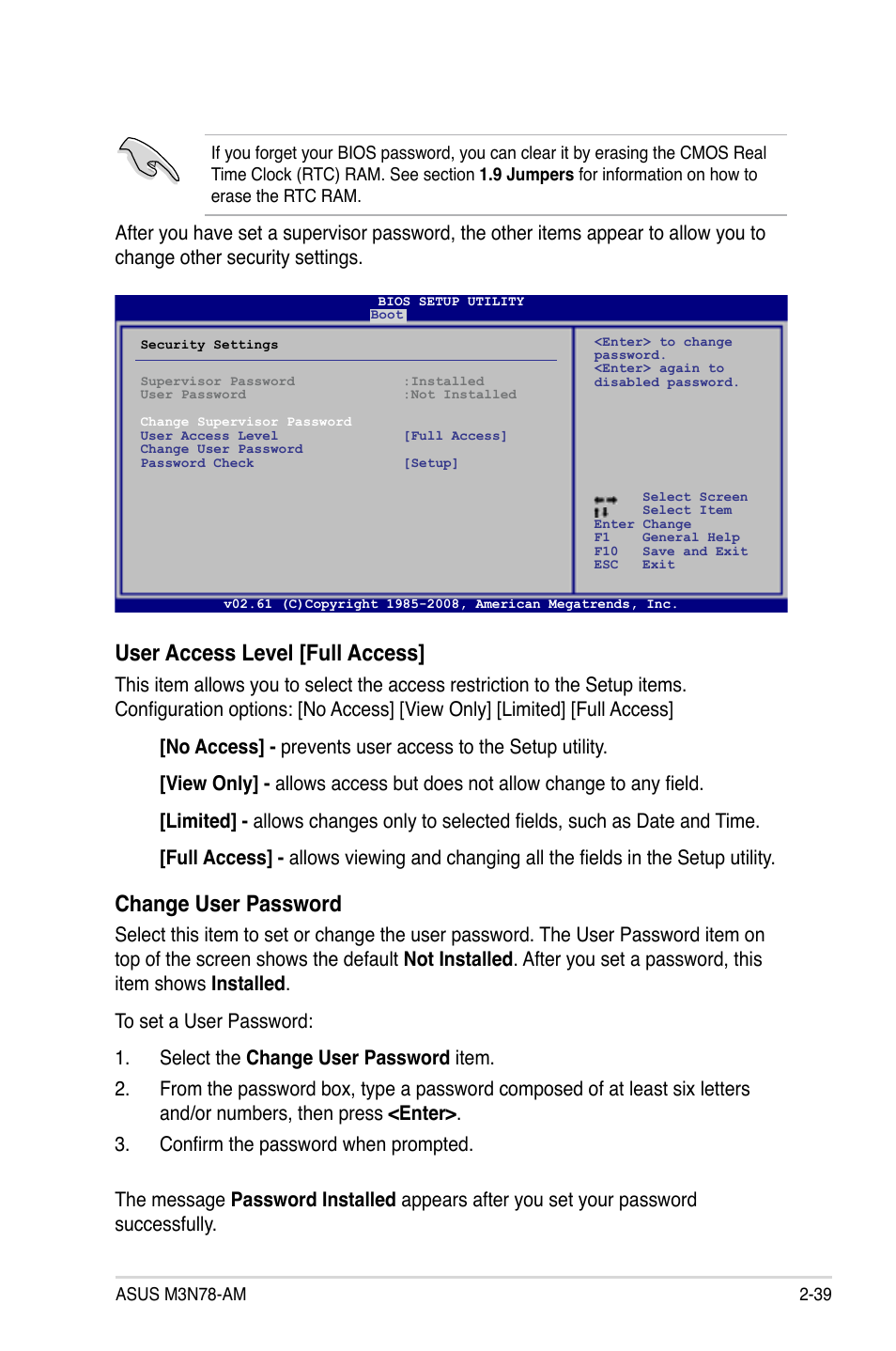 User access level [full access, Change user password | Asus M3N78-AM User Manual | Page 85 / 102