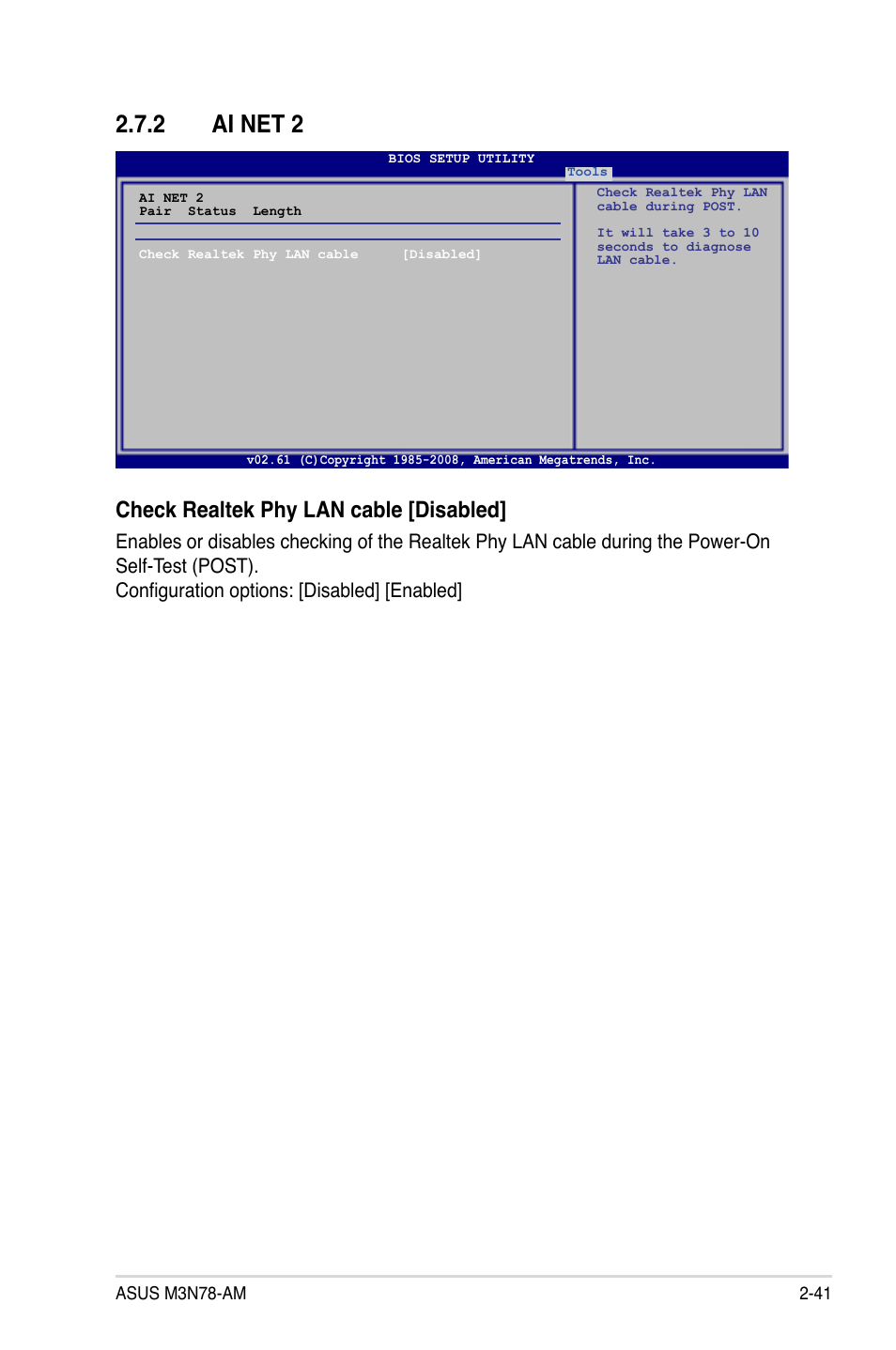 2 ai net 2, Ai net 2 -41, Check realtek phy lan cable [disabled | Asus M3N78-AM User Manual | Page 87 / 102
