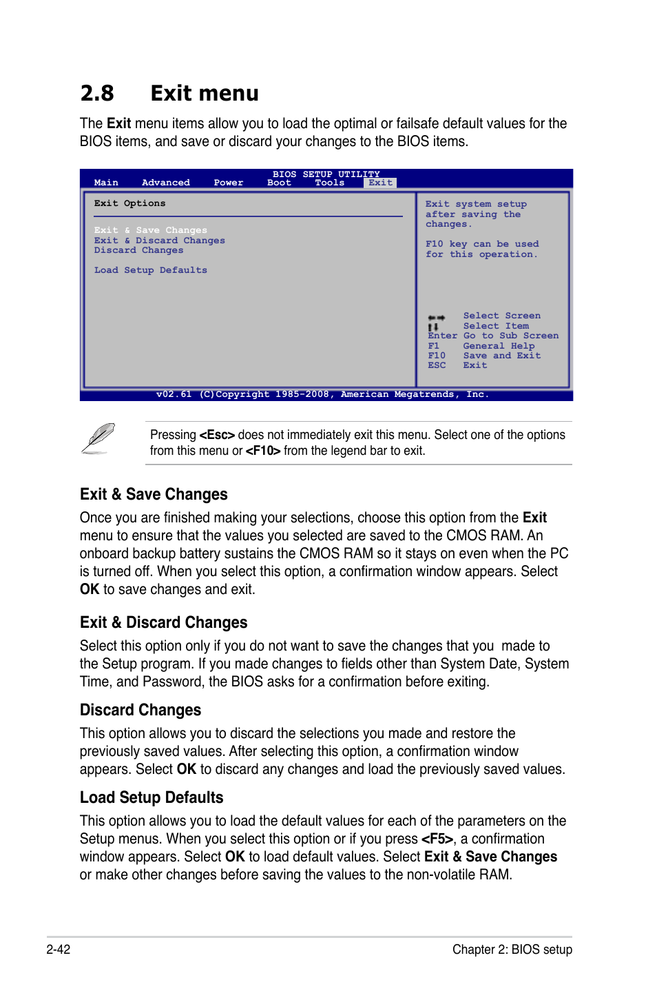 8 exit menu, Exit menu -42, Exit & save changes | Exit & discard changes, Discard changes, Load setup defaults | Asus M3N78-AM User Manual | Page 88 / 102