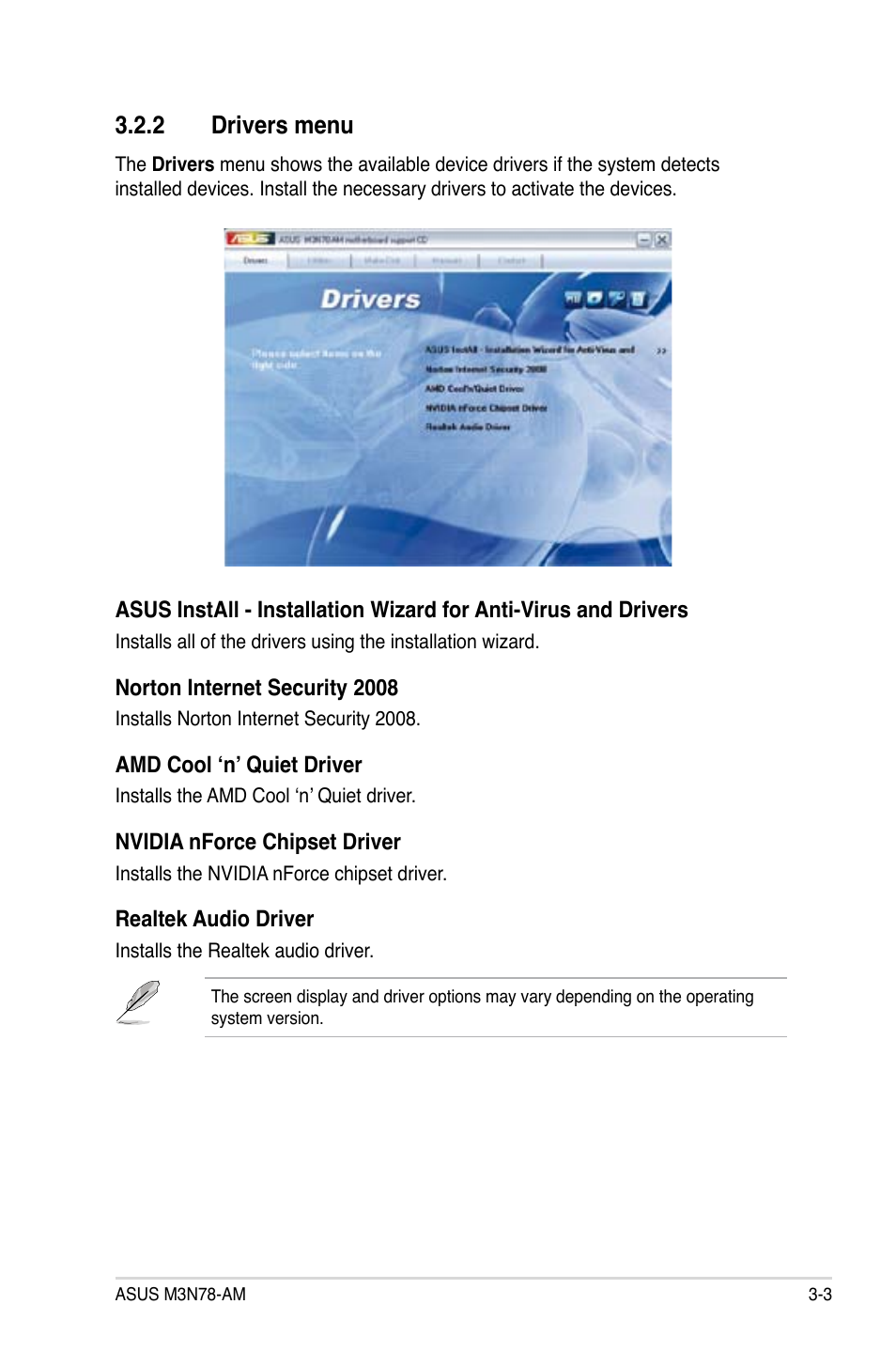 2 drivers menu, Drivers menu -3 | Asus M3N78-AM User Manual | Page 91 / 102