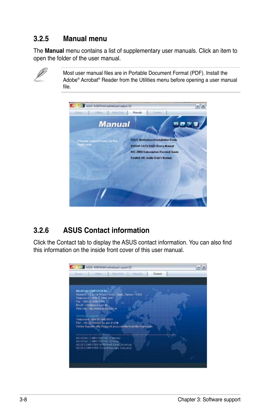 5 manual menu, 6 asus contact information, Manual menu -8 | Asus contact information -8 | Asus M3N78-AM User Manual | Page 96 / 102
