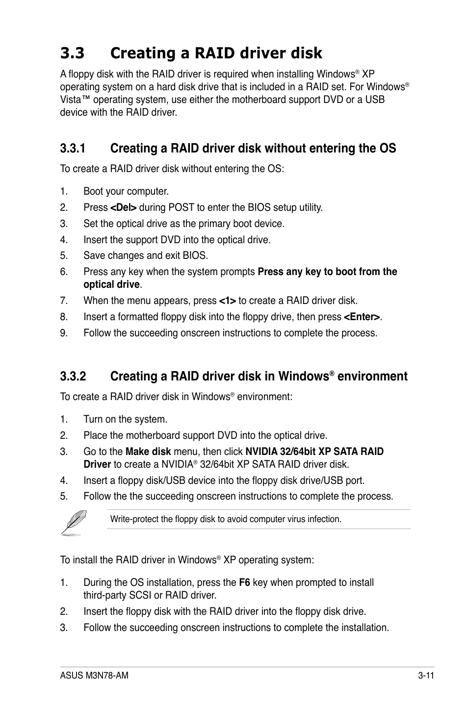 3 creating a raid driver disk, Creating a raid driver disk -11 3.3.1, Creating a raid driver disk in windows | Environment -11, 2 creating a raid driver disk in windows, Environment | Asus M3N78-AM User Manual | Page 99 / 102