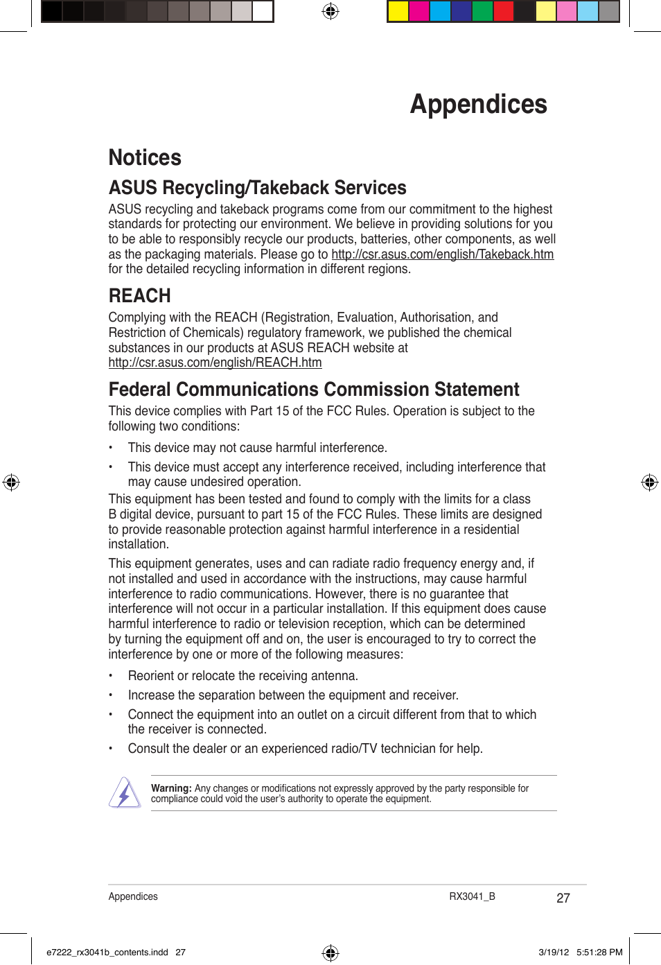 Appendices, Notices, Asus recycling/takeback services | Reach, Federal communications commission statement | Asus RX3041_B User Manual | Page 27 / 36
