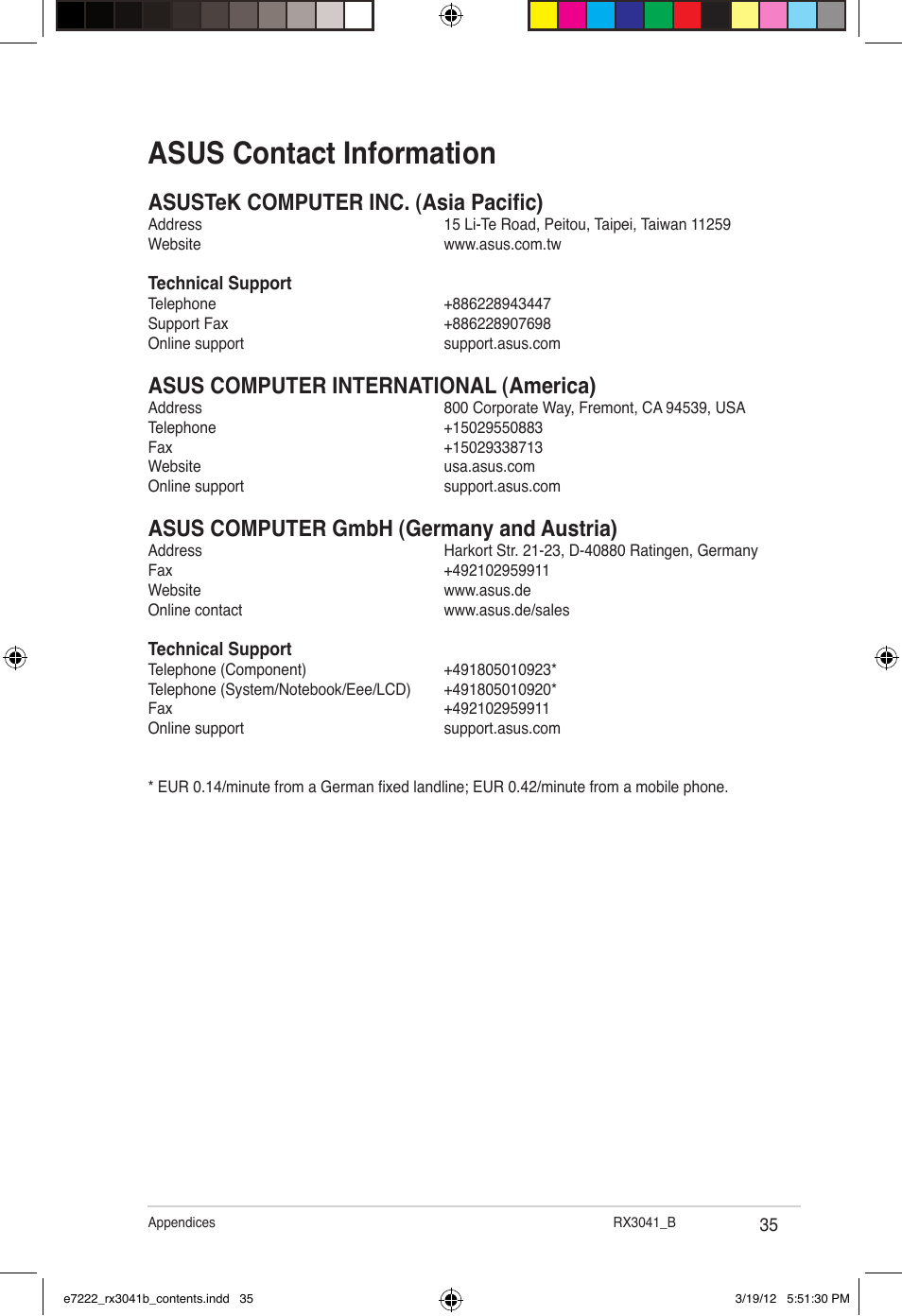 Asus contact information, Asustek computer inc. (asia pacific), Asus computer international (america) | Asus computer gmbh (germany and austria) | Asus RX3041_B User Manual | Page 35 / 36