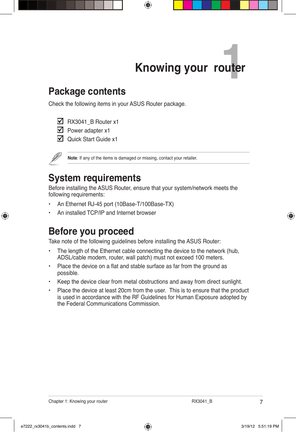 Knowing your router, System requirements, Before you proceed | Package contents | Asus RX3041_B User Manual | Page 7 / 36