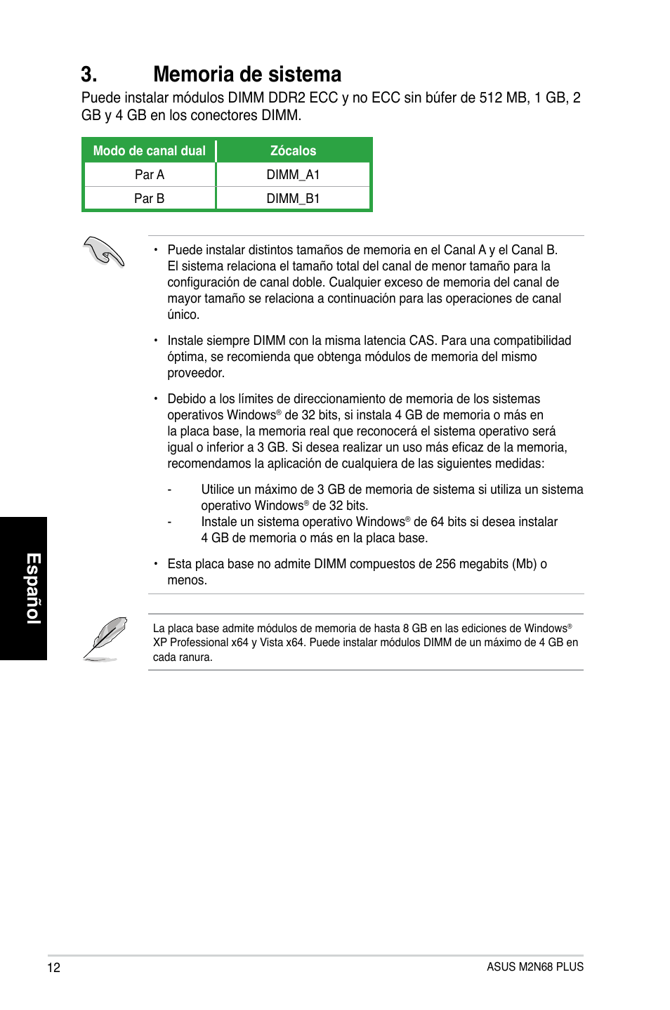 Español | Asus M2N68 PLUS User Manual | Page 12 / 38