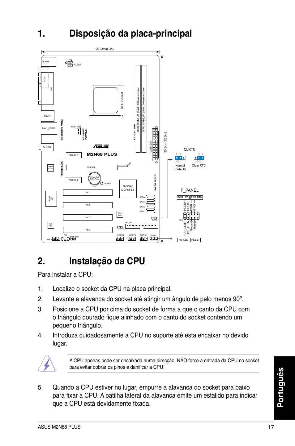 Disposição da placa-principal 2. instalação da cpu, Português, Asus m2n68 plus | F_panel | Asus M2N68 PLUS User Manual | Page 17 / 38