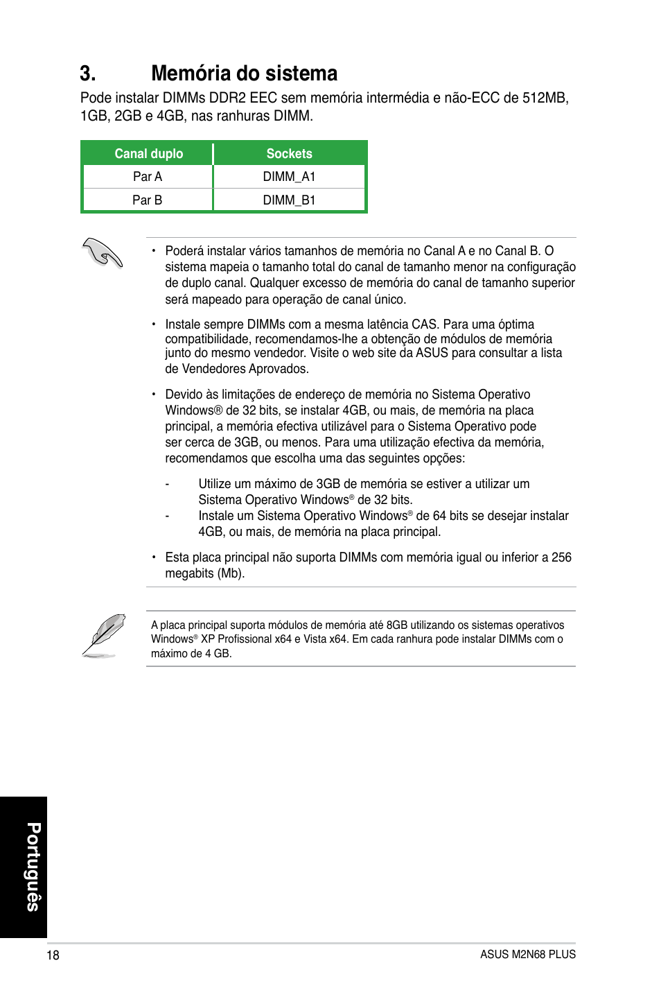 Memória do sistema, Português | Asus M2N68 PLUS User Manual | Page 18 / 38