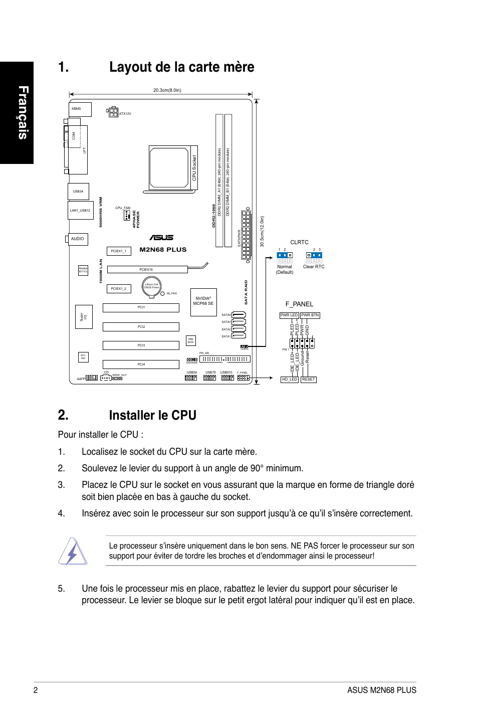 Layout de la carte mère 2, Français, Installer le cpu | 2asus m2n68 plus, F_panel | Asus M2N68 PLUS User Manual | Page 2 / 38