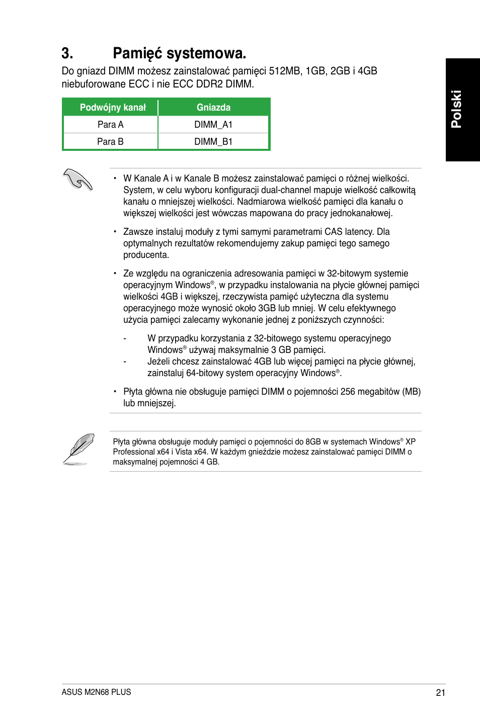 Pamięć systemowa, Polski | Asus M2N68 PLUS User Manual | Page 21 / 38