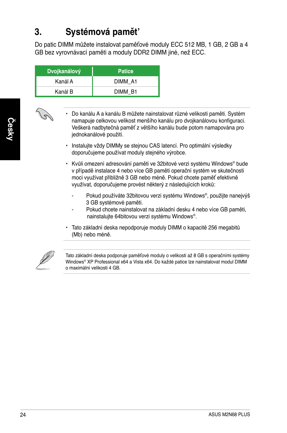 Systémová pamět, Česky | Asus M2N68 PLUS User Manual | Page 24 / 38