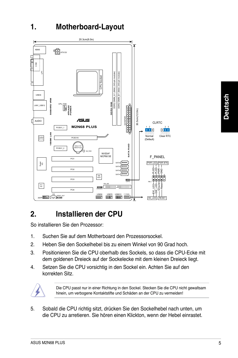 Motherboard-layout 2. installieren der cpu, Deutsch, Asus m2n68 plus | F_panel | Asus M2N68 PLUS User Manual | Page 5 / 38