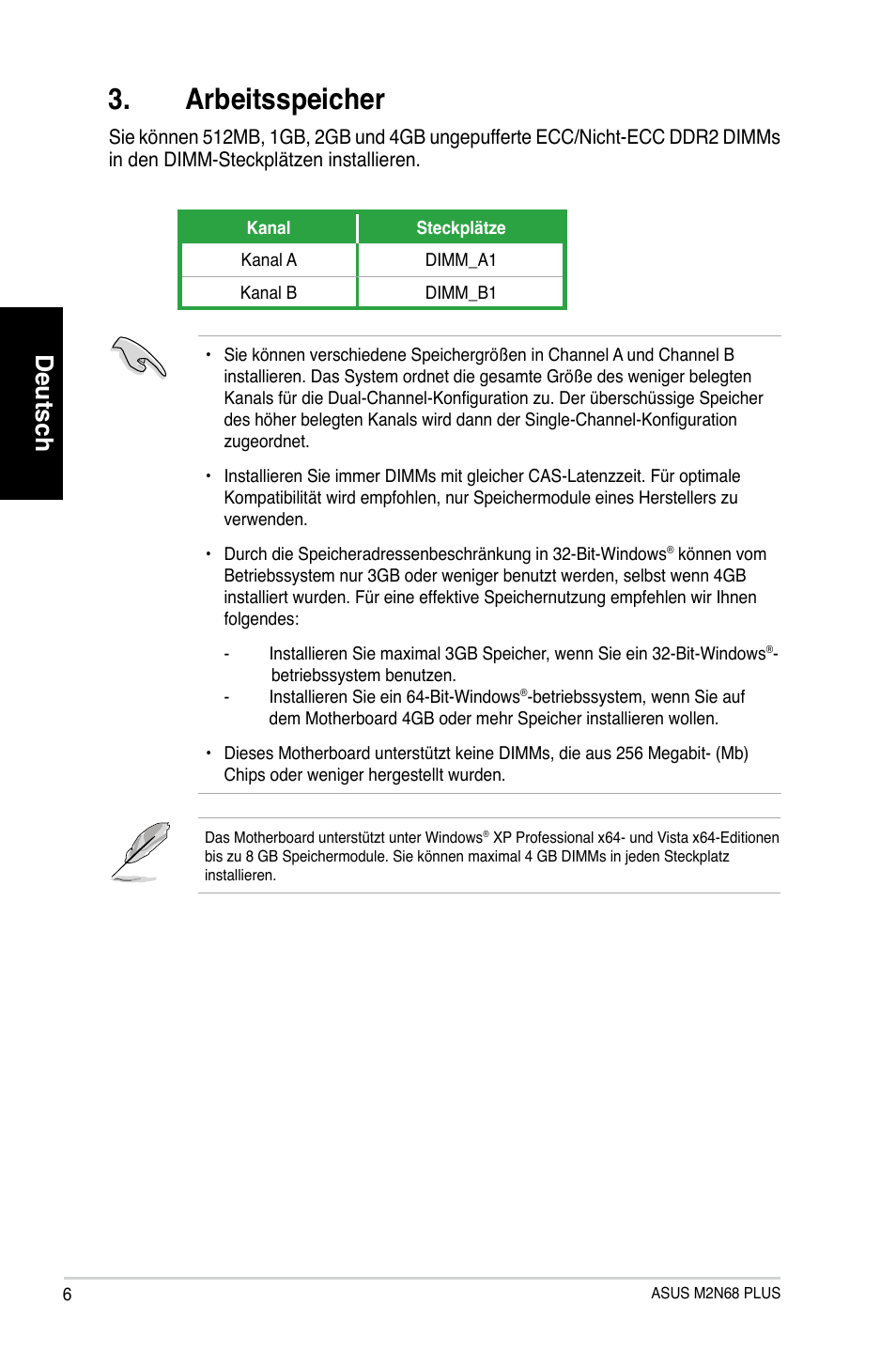 Arbeitsspeicher, Deutsch | Asus M2N68 PLUS User Manual | Page 6 / 38