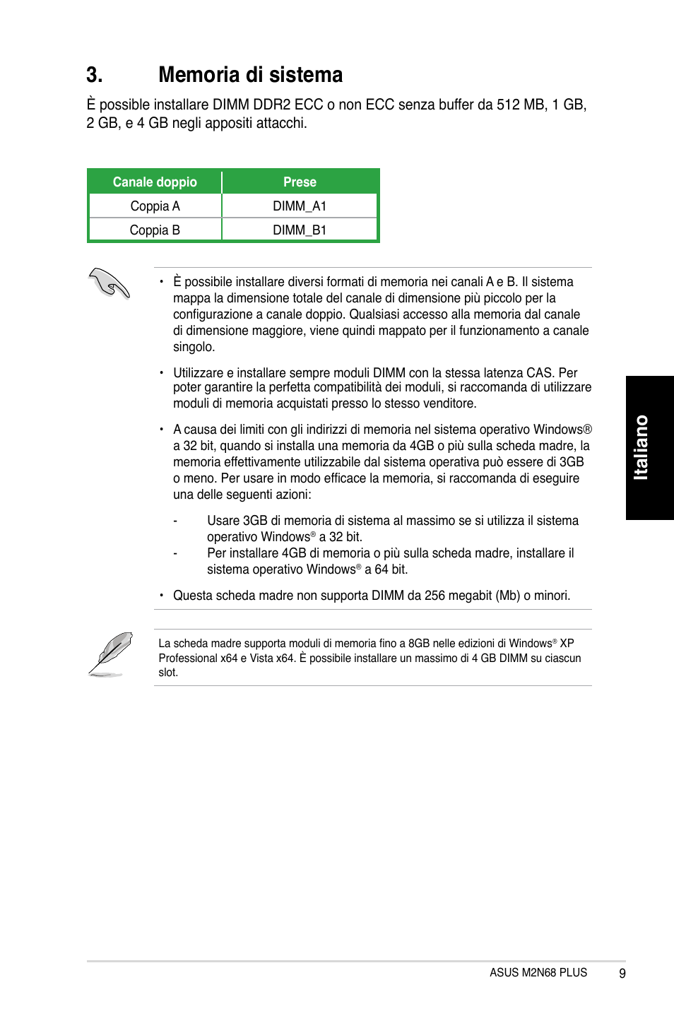 Italiano | Asus M2N68 PLUS User Manual | Page 9 / 38