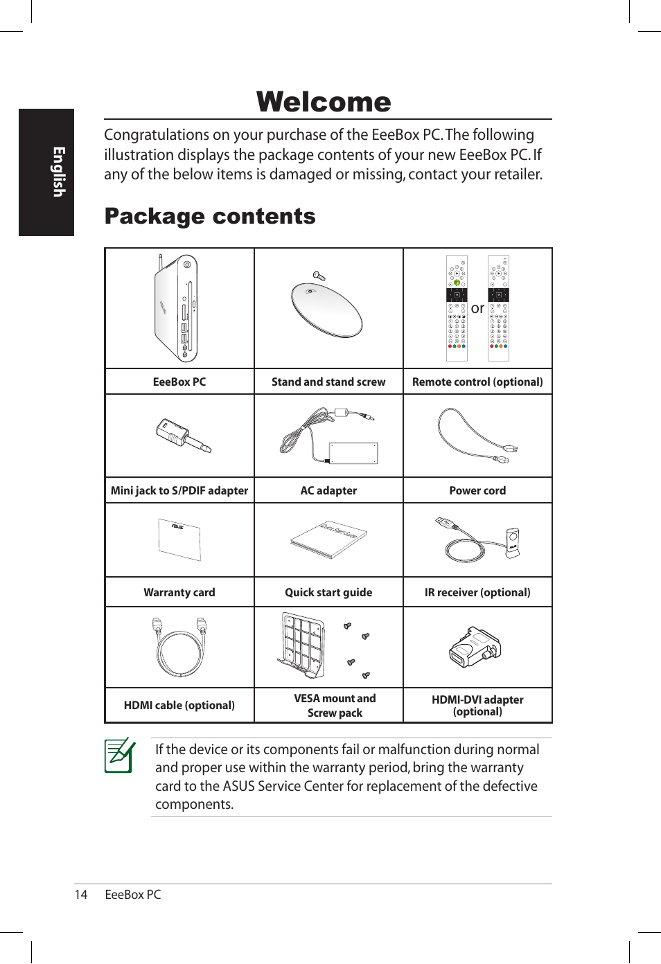 Welcome, Package contents | Asus EB1501U User Manual | Page 14 / 46