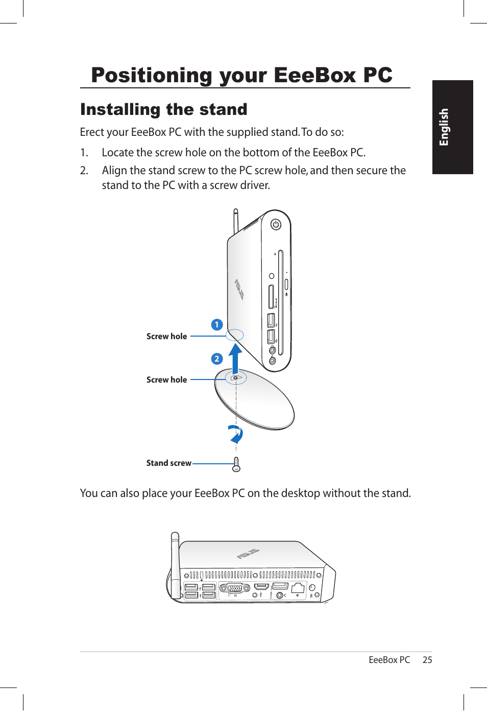 Positioning your eeebox pc, Installing the stand, English | Asus EB1501U User Manual | Page 25 / 46