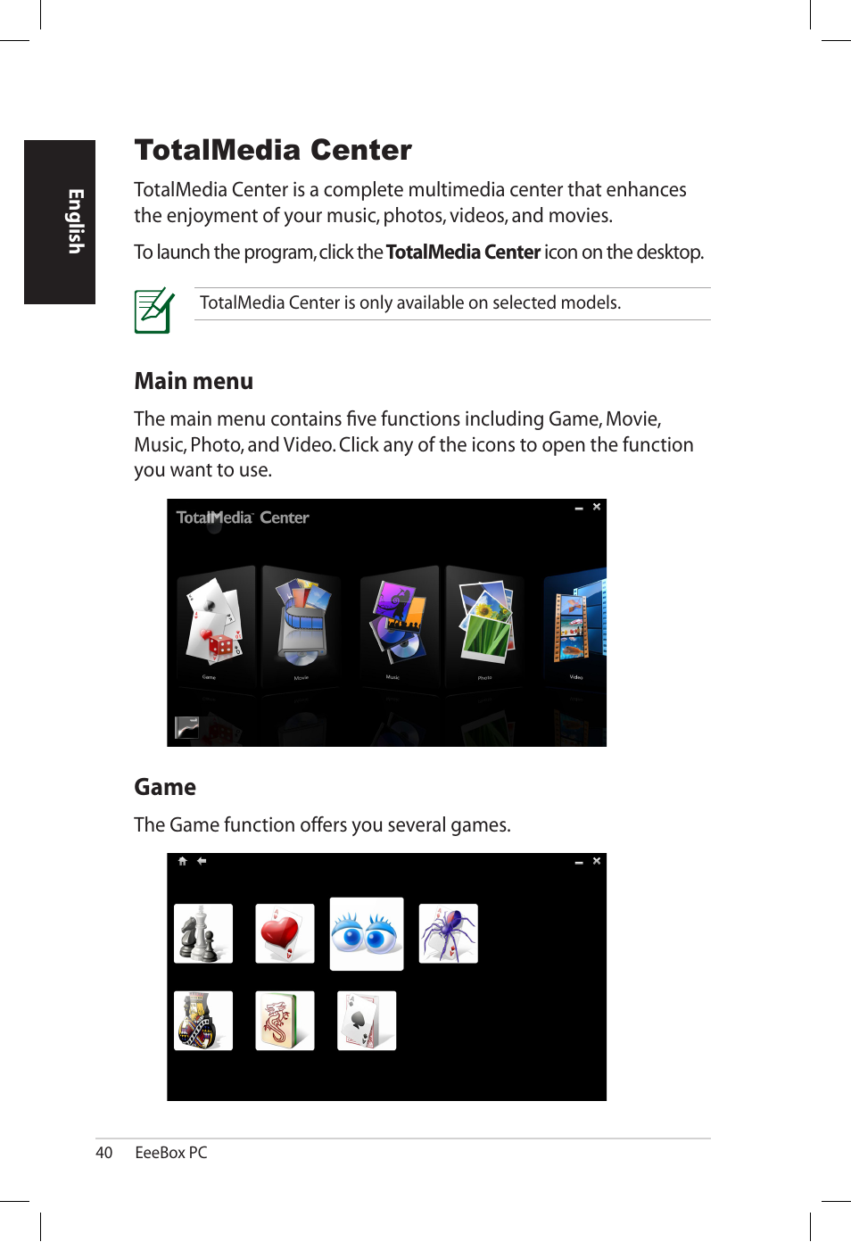Totalmedia center, Main menu, Game | Main menu game | Asus EB1501U User Manual | Page 40 / 46