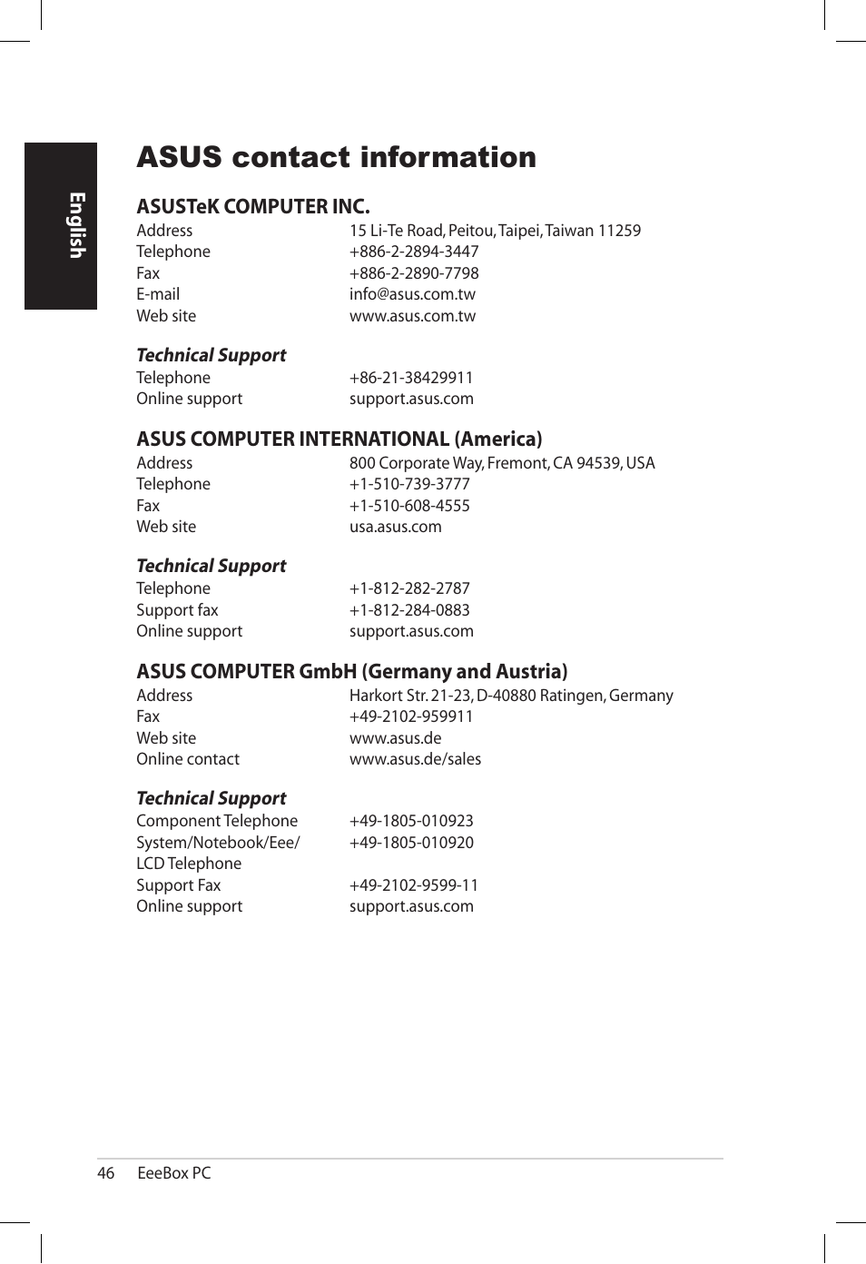 Asus contact information, English, Asustek computer inc | Asus computer international (america), Asus computer gmbh (germany and austria) | Asus EB1501U User Manual | Page 46 / 46