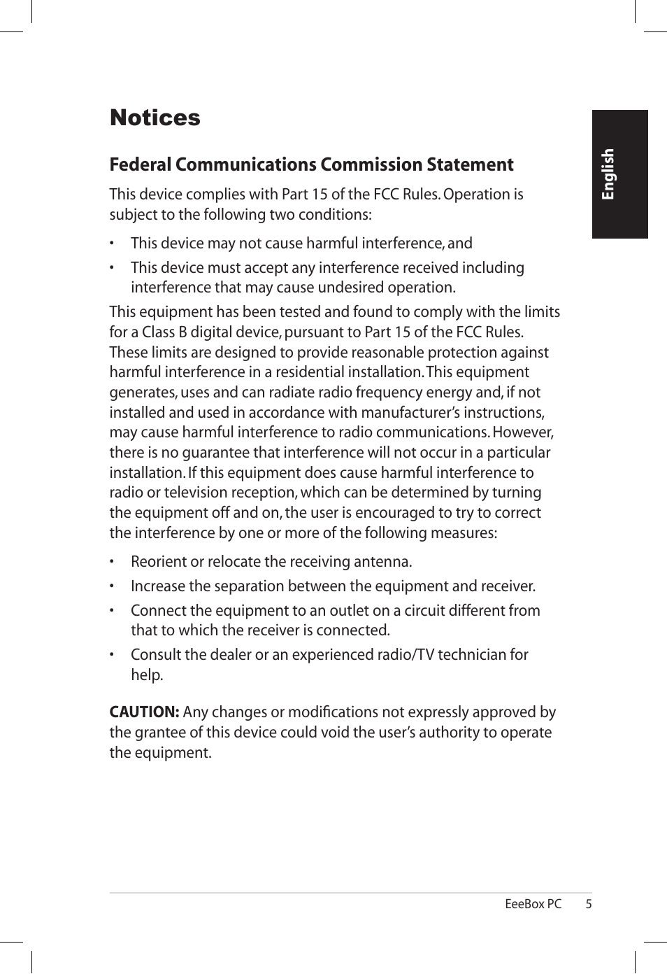 Notices, Federal communications commission statement | Asus EB1501U User Manual | Page 5 / 46