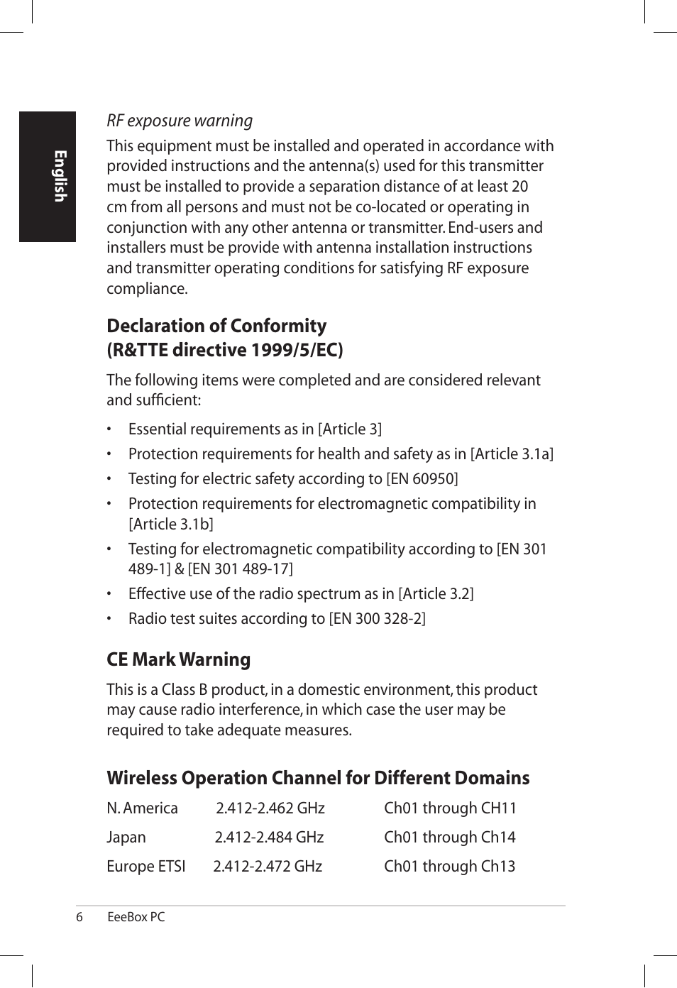 Ce mark warning, Wireless operation channel for different domains | Asus EB1501U User Manual | Page 6 / 46