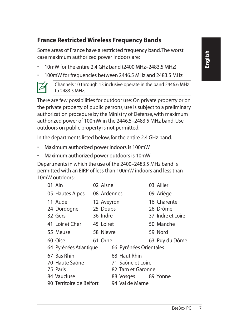 France restricted wireless frequency bands | Asus EB1501U User Manual | Page 7 / 46