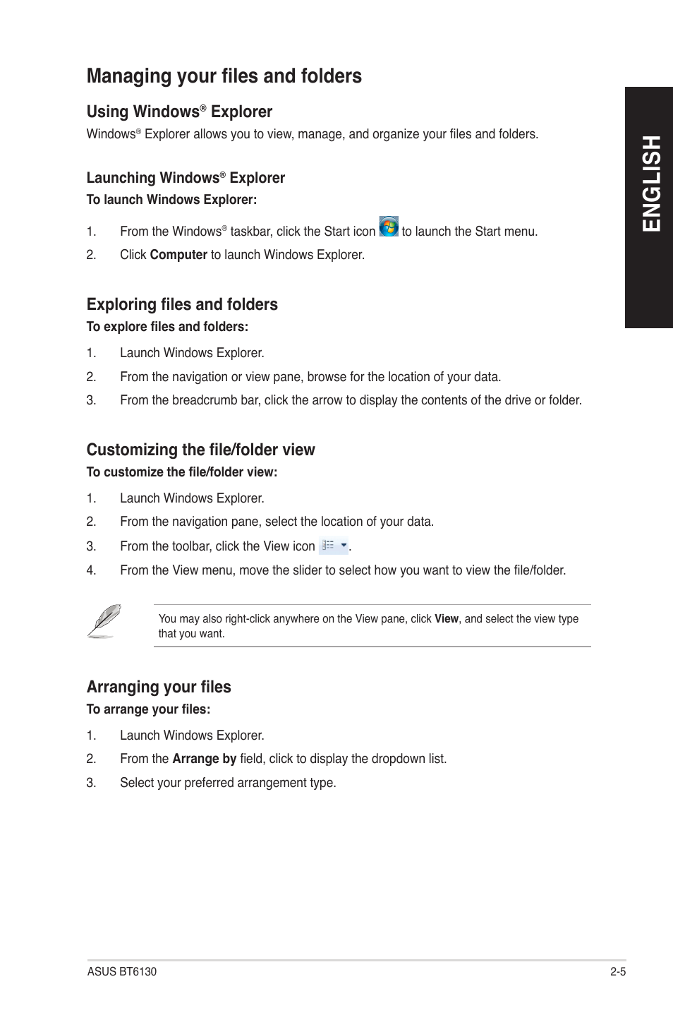 En g lis h en g li sh, Managing your files and folders | Asus BT6130 User Manual | Page 23 / 54