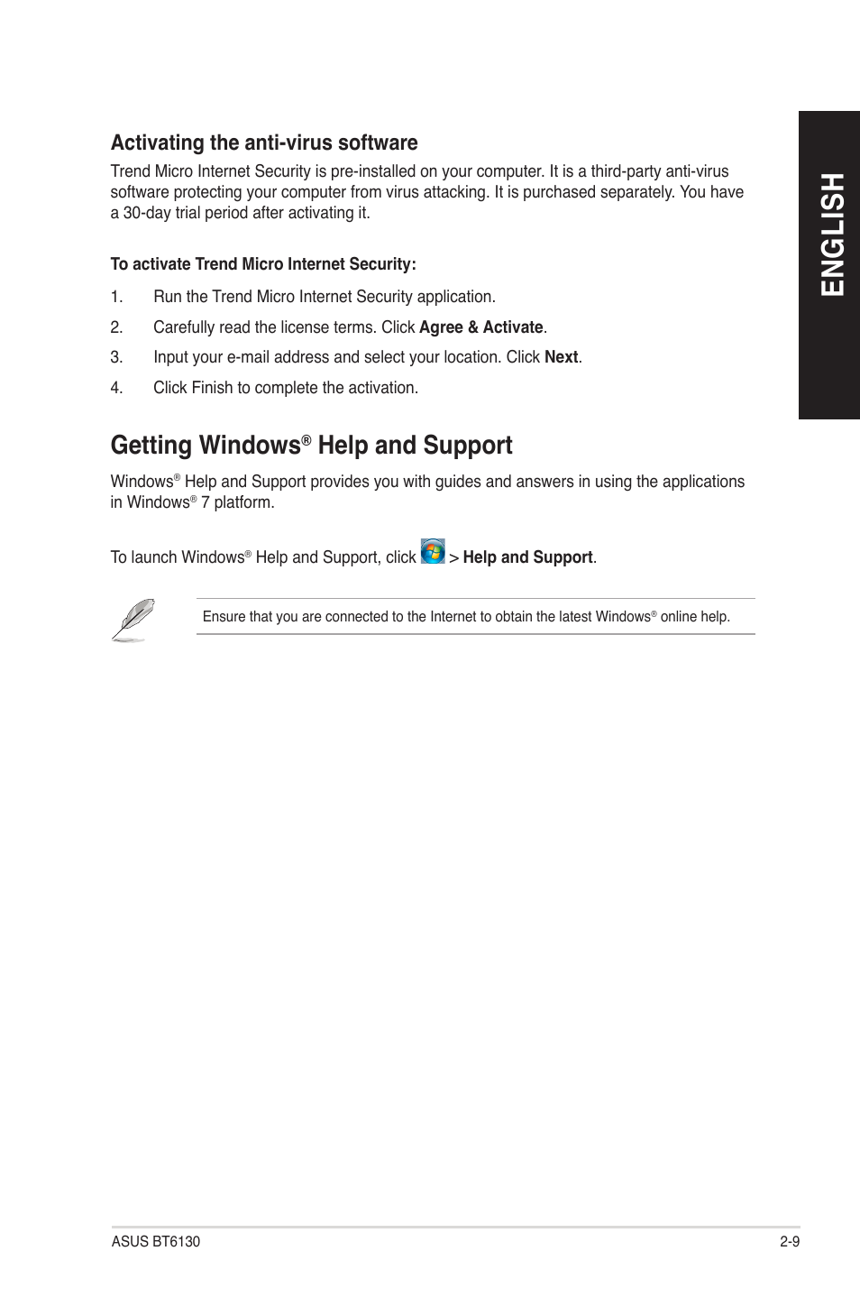 En g lis h en g li sh, Getting windows, Help and support | Asus BT6130 User Manual | Page 27 / 54
