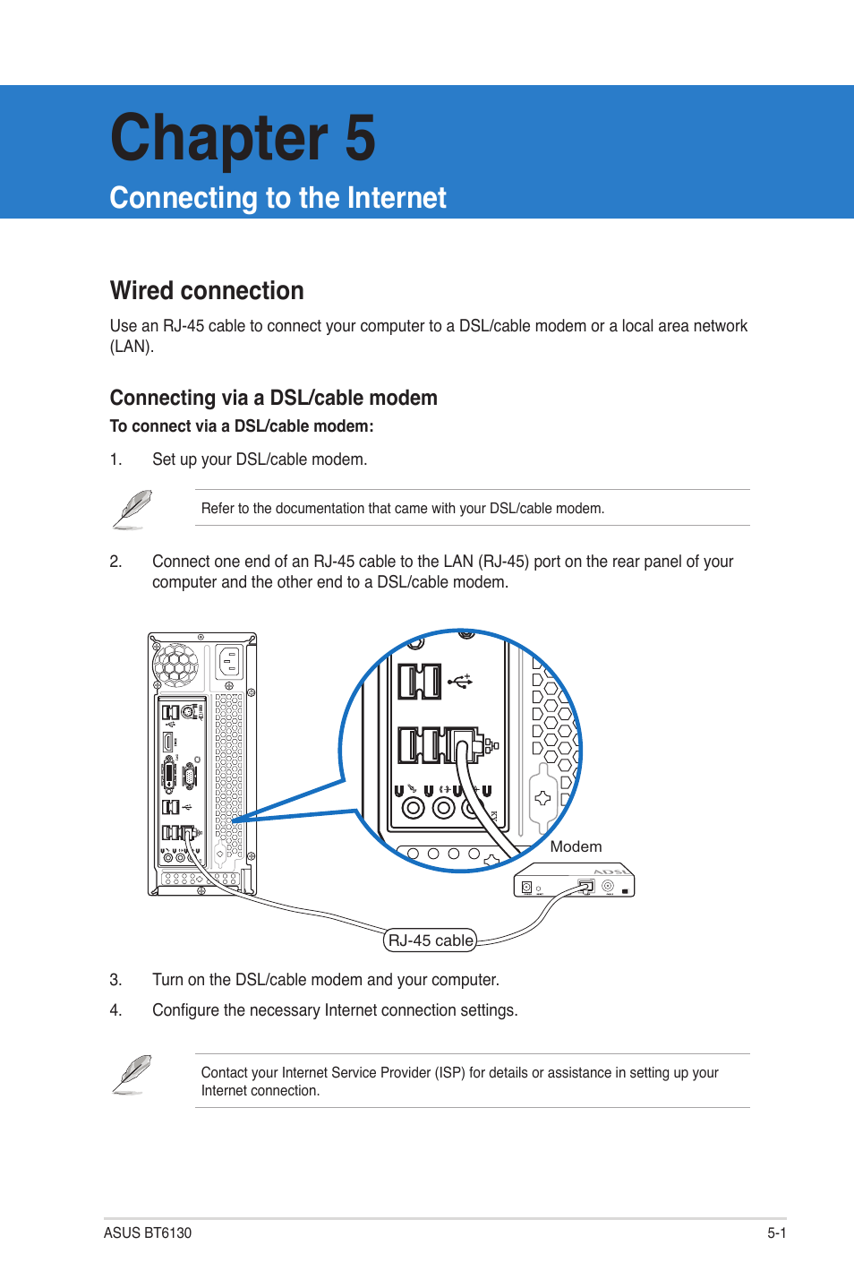 Chapter 5, Connecting to the internet, Wired connection | Asus BT6130 User Manual | Page 35 / 54
