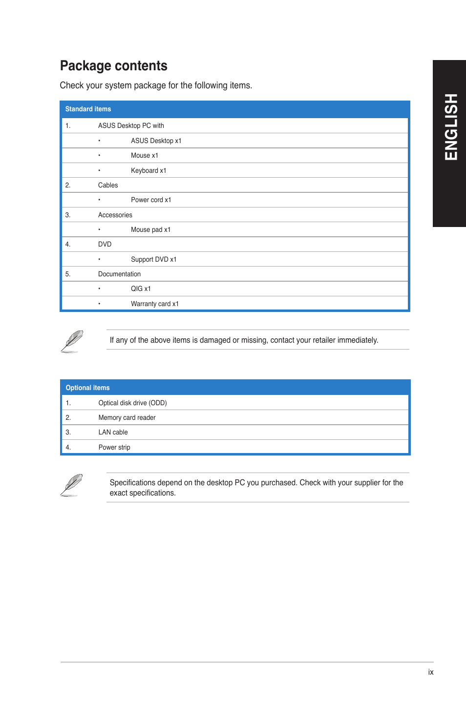 Package contents, En g lis h en g li sh | Asus BT6130 User Manual | Page 9 / 54