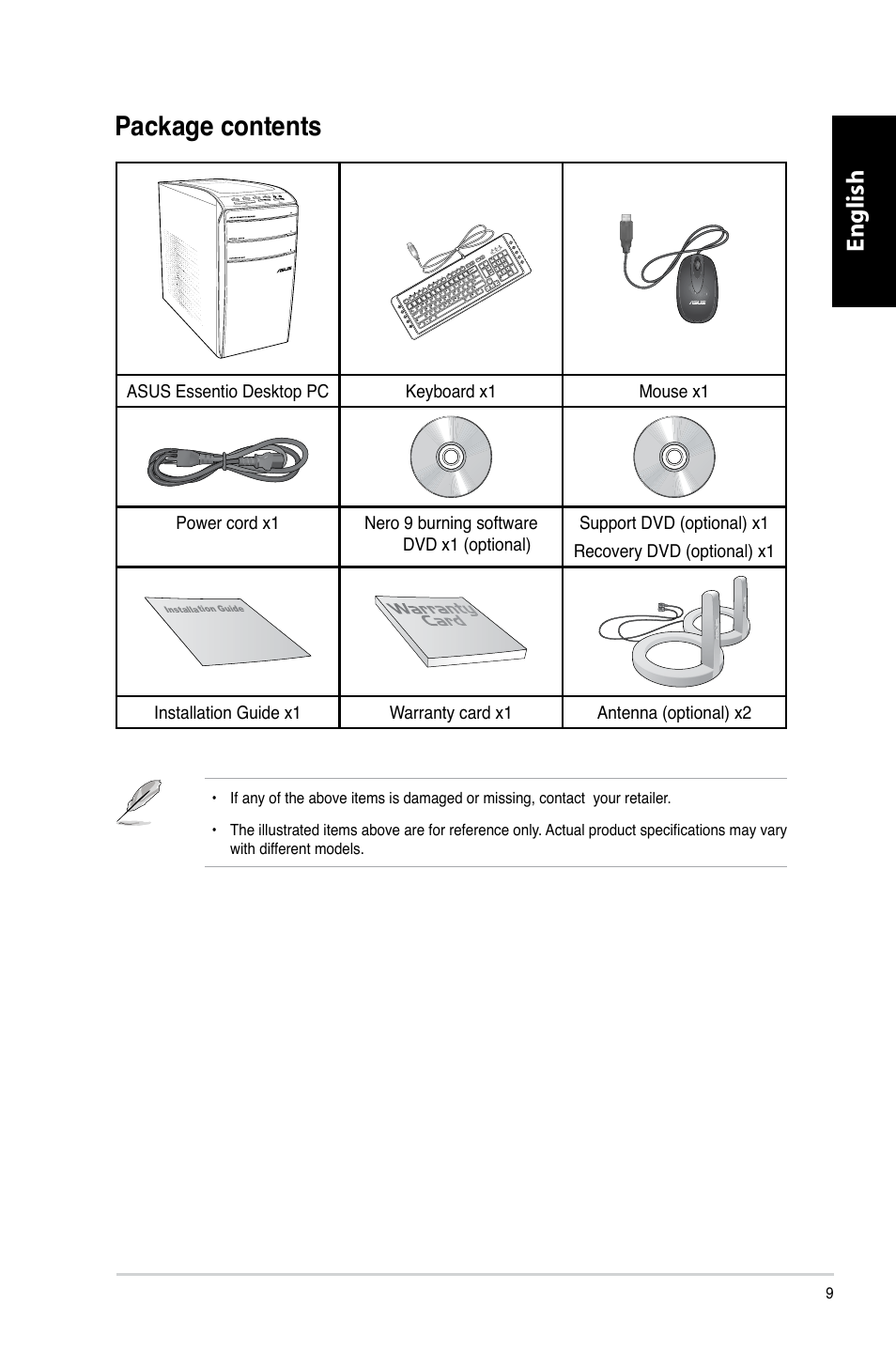 Package contents, Package.contents, English | Asus CM1831 User Manual | Page 11 / 352