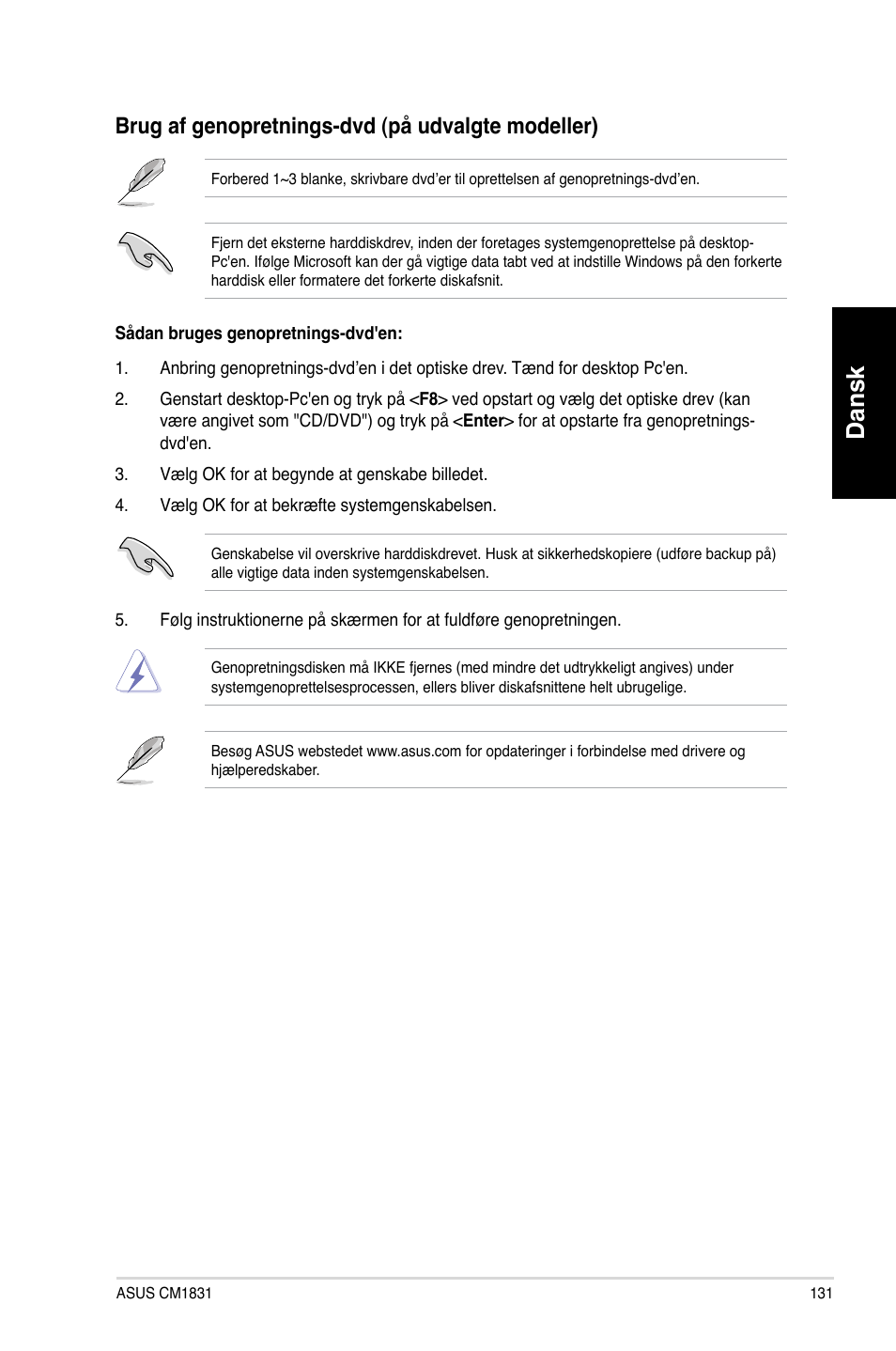 Dansk, Brug.af.genopretnings-dvd.�på.udvalgte.modeller | Asus CM1831 User Manual | Page 133 / 352