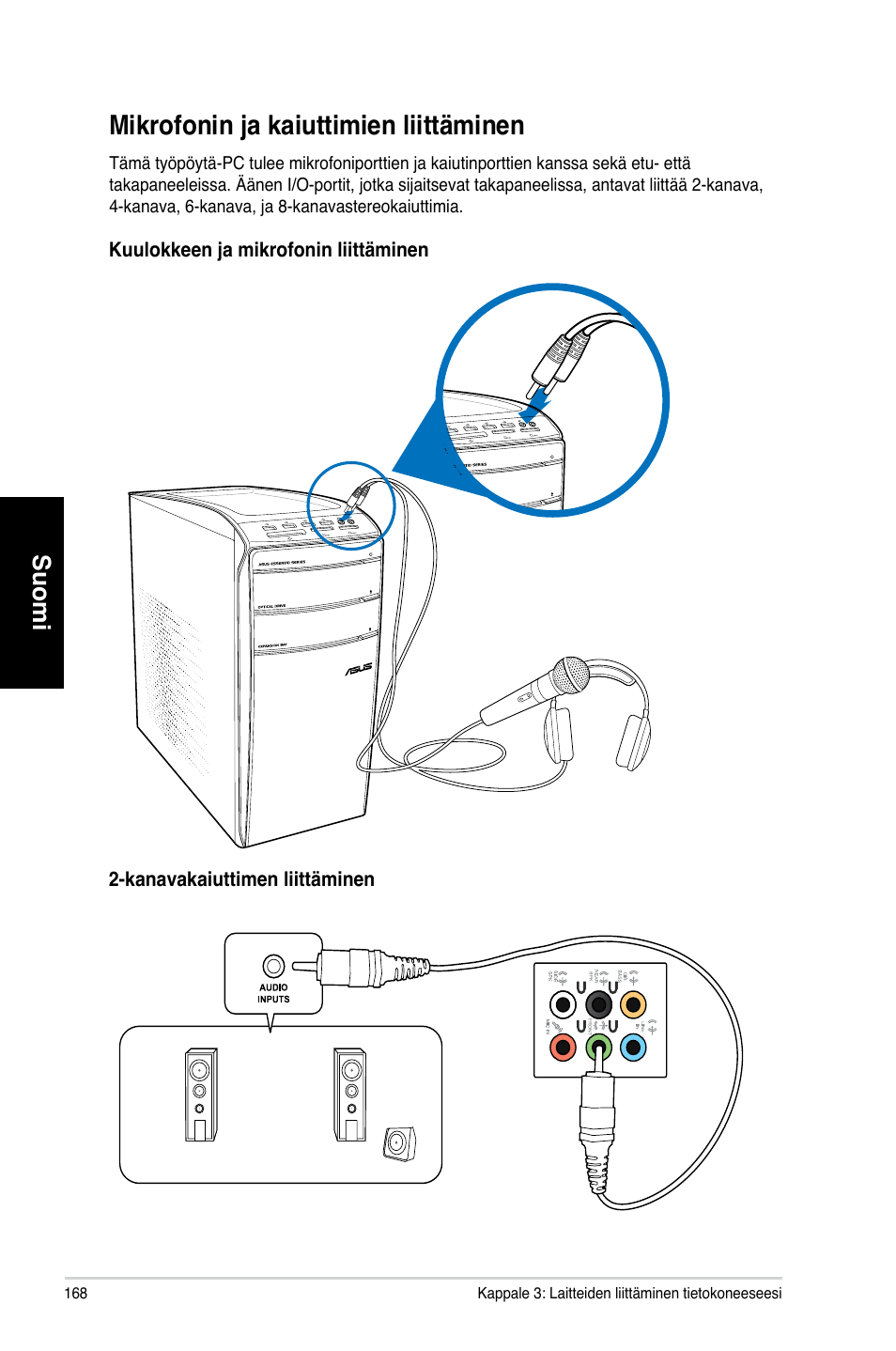 Mikrofonin ja kaiuttimien liittäminen, Mikrofonin.�a.kaiuttimien.liittäminen, Suomi | Asus CM1831 User Manual | Page 170 / 352