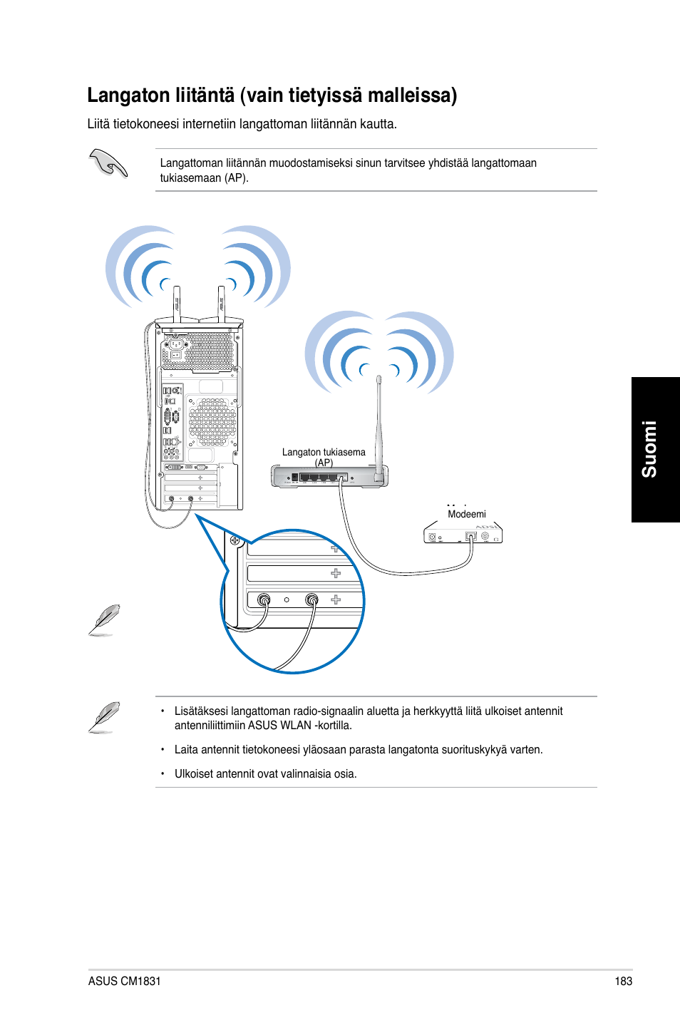 Langaton liitäntä (vain tietyissä malleissa), Langaton.liitäntä.�vain.tietyissä.malleissa, Suomi | Asus CM1831 User Manual | Page 185 / 352