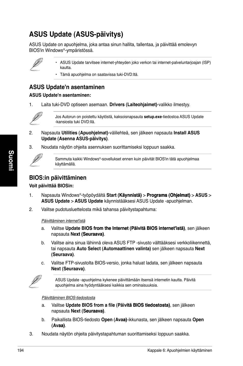 Asus update (asus-päivitys), Asus.update.�asus-päivitys, Suomi | Asus.update'n.asentaminen, Bios:in.päivittäminen | Asus CM1831 User Manual | Page 196 / 352