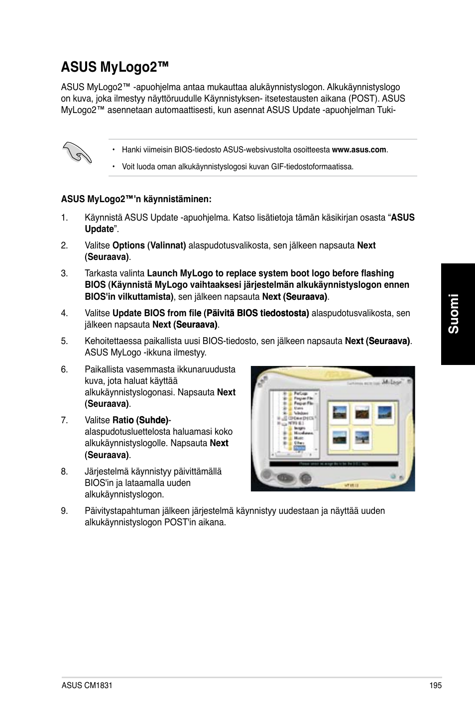 Asus mylogo2, Asus mylogo, Asus.mylogo2 | Suomi | Asus CM1831 User Manual | Page 197 / 352