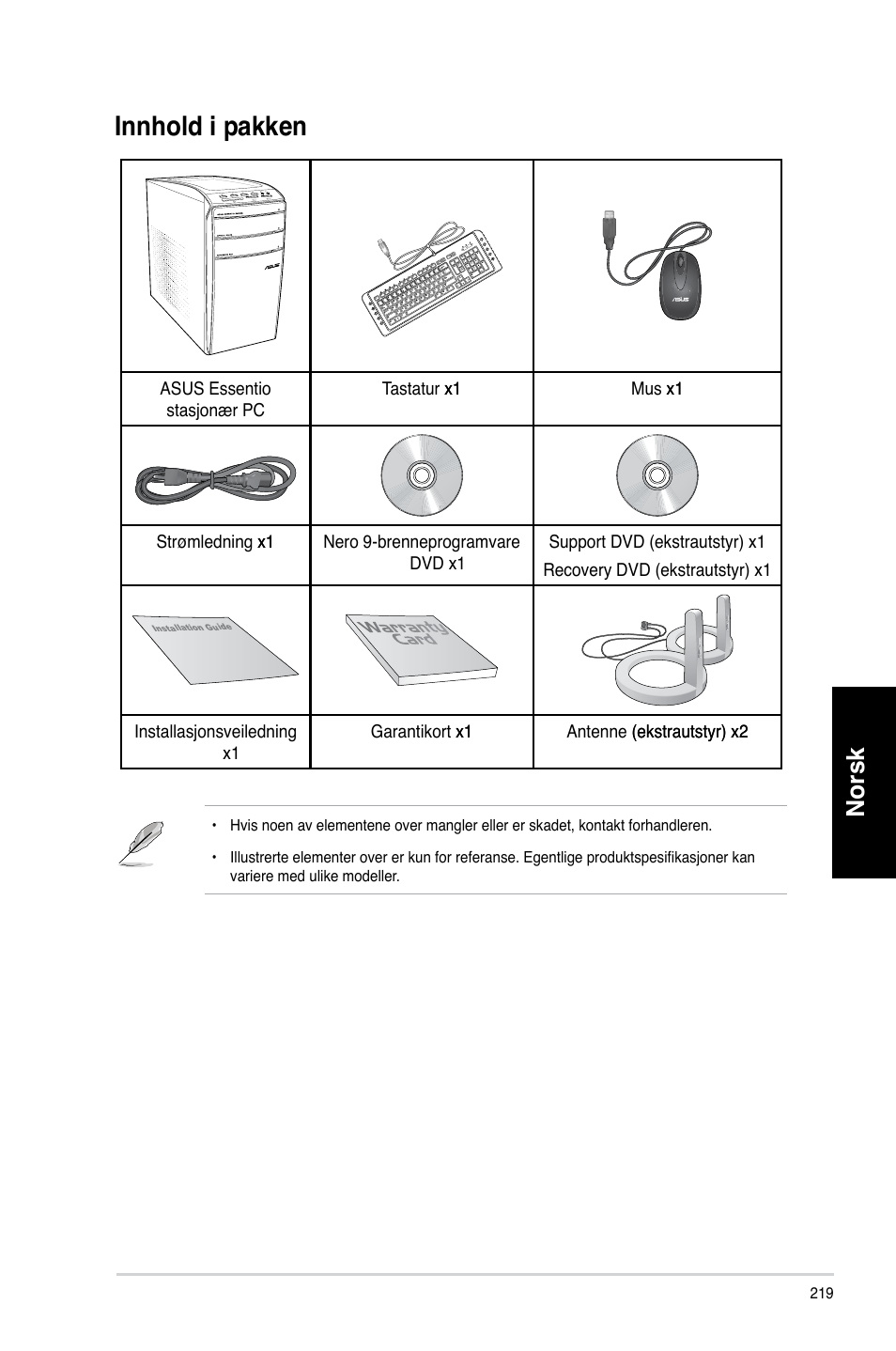 Innhold i pakken, Innhold.i.pakken, Norsk | Asus CM1831 User Manual | Page 221 / 352