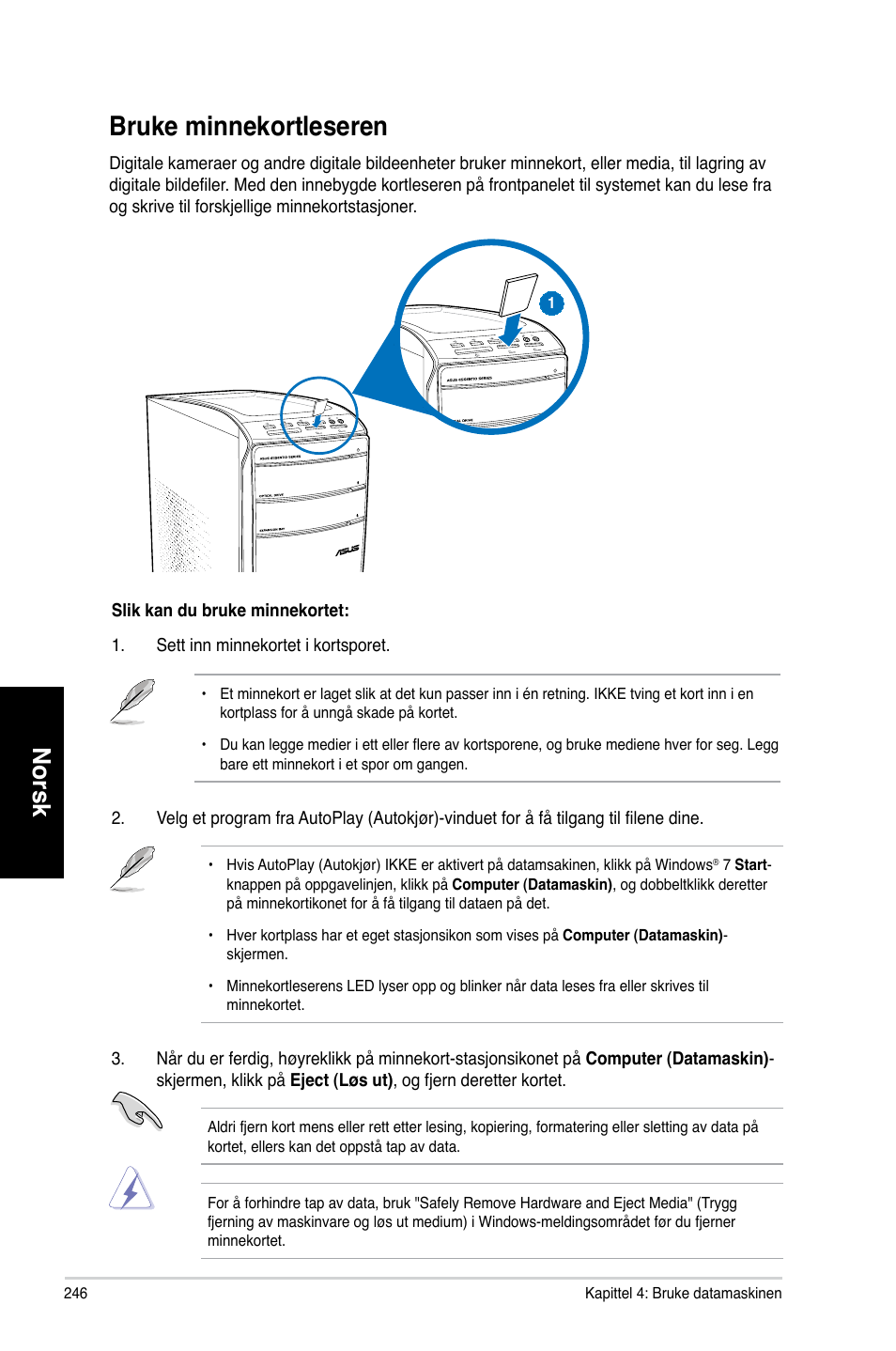 Bruke minnekortleseren, Bruke.minnekortleseren, Norsk | Asus CM1831 User Manual | Page 248 / 352