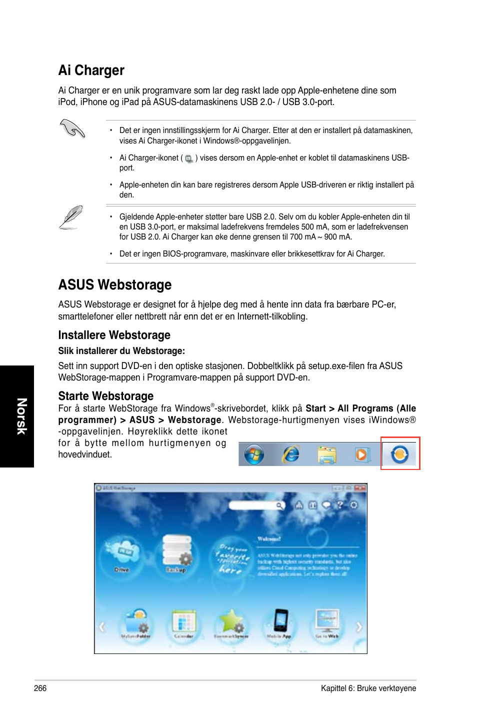 Ai charger, Asus webstorage, Asus.webstorage | Ai.charger, Norsk, Installere.webstorage, Starte.webstorage | Asus CM1831 User Manual | Page 268 / 352