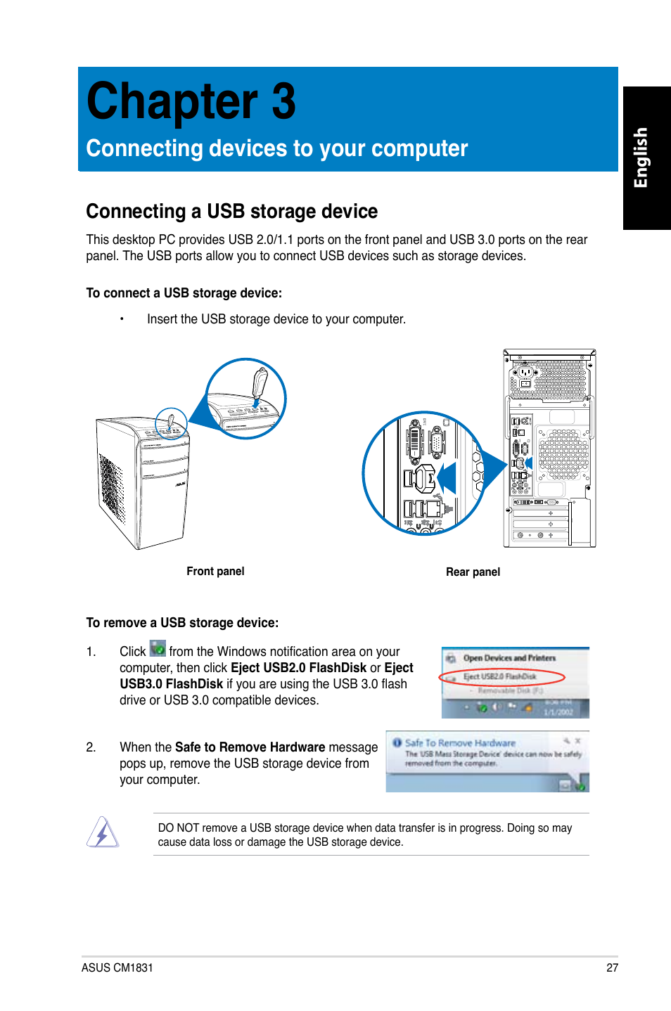 Chapter 3: connecting devices to your computer, Connecting a usb storage device, Connecting.devices.to.your.computer | Chapter.3, English | Asus CM1831 User Manual | Page 29 / 352